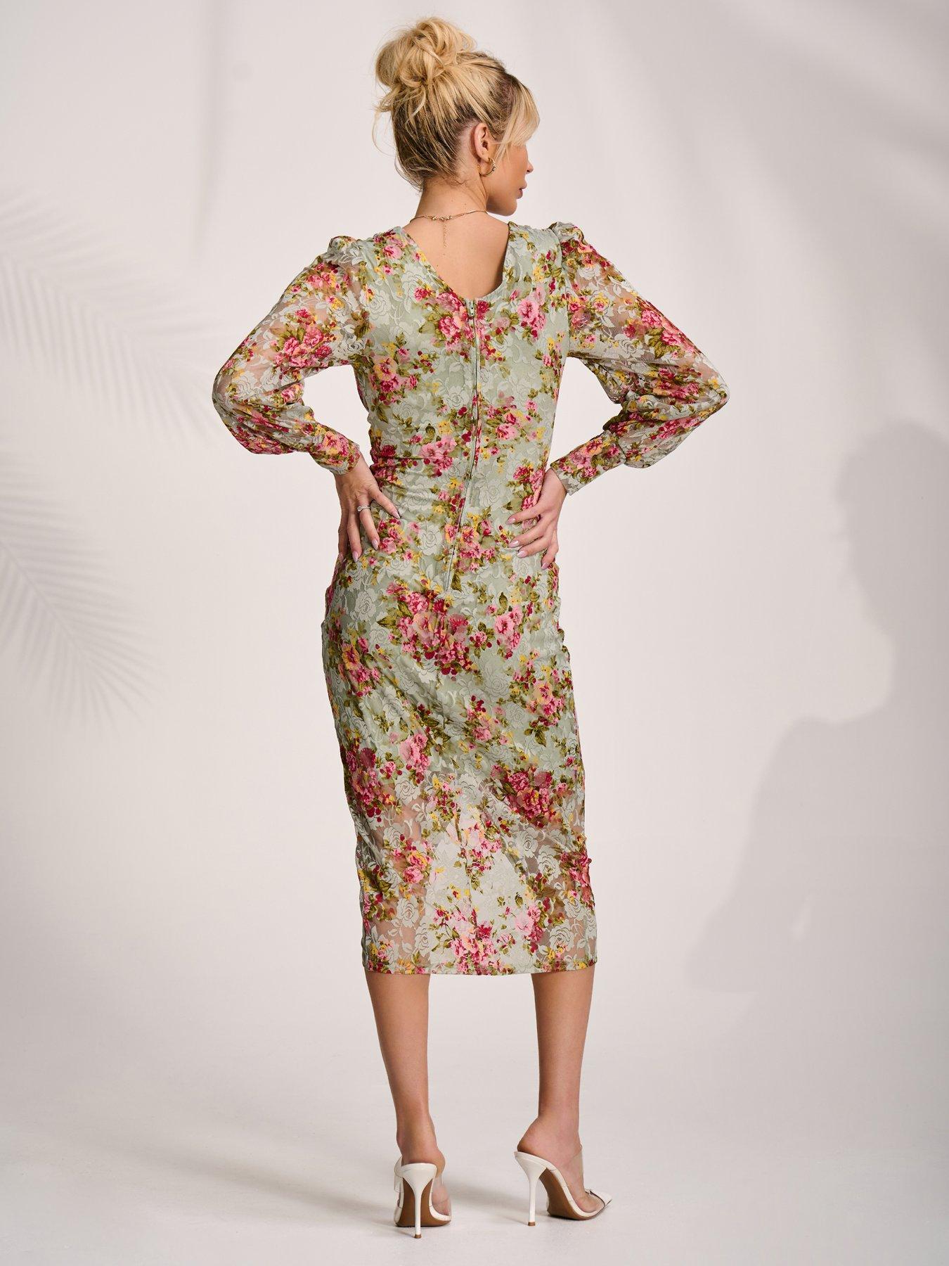 Jolie Moi Lace Long Sleeve Ruched Bodycon Dress - Green | Very