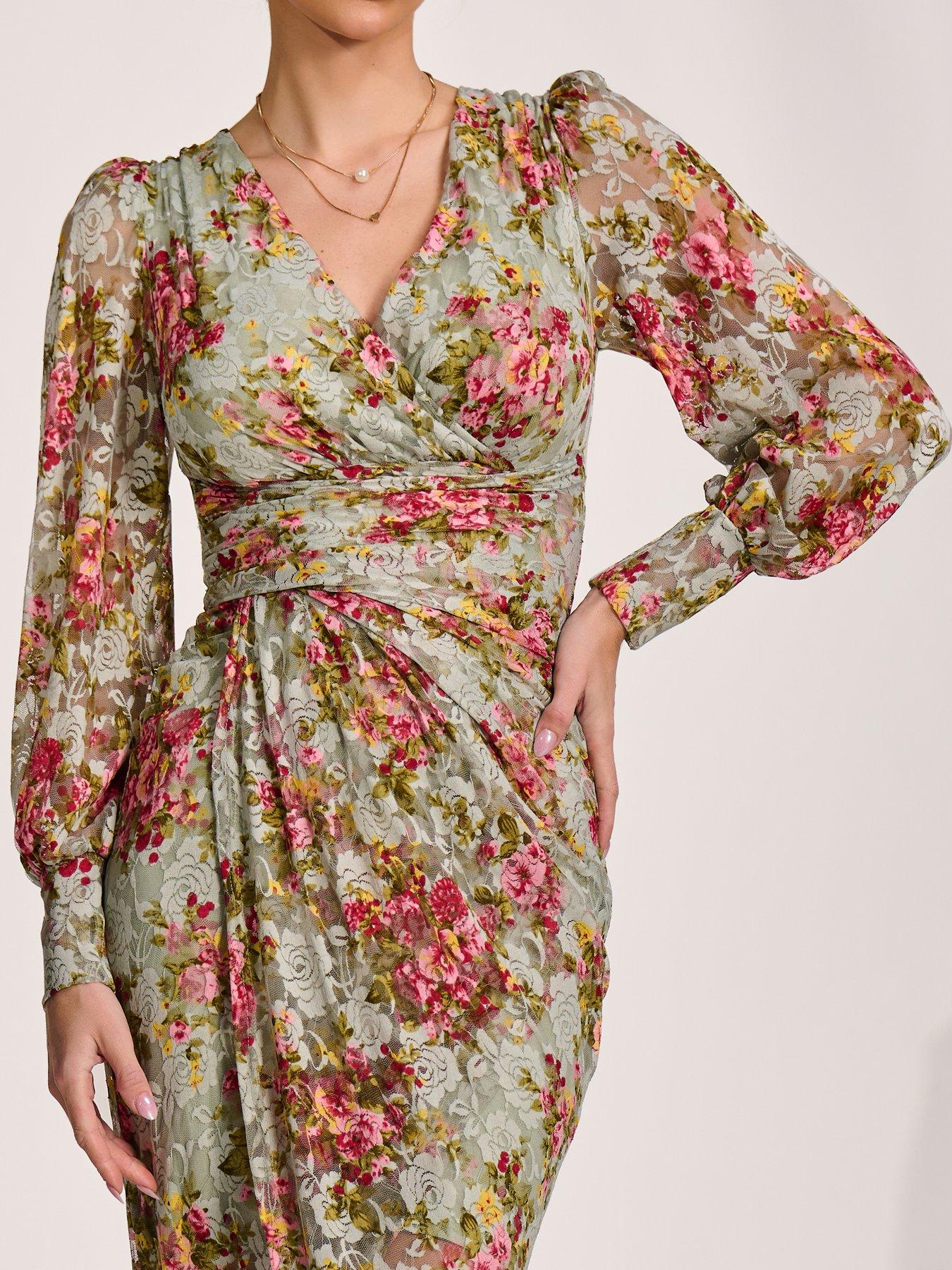 Jolie Moi Lace Long Sleeve Ruched Bodycon Dress - Green | Very