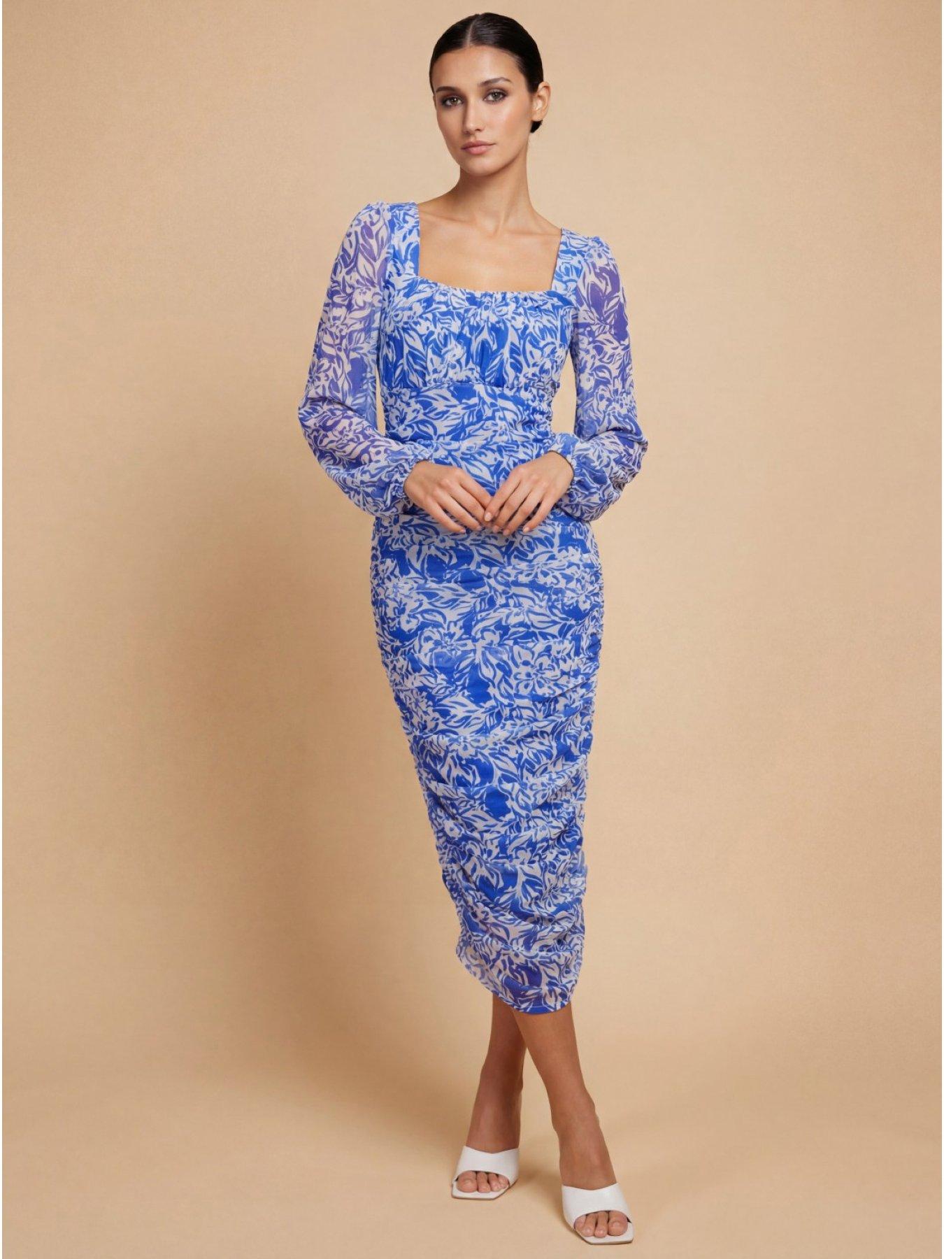 Little Mistress Floral Print Ruched Midi Bodycon Dress - Blue