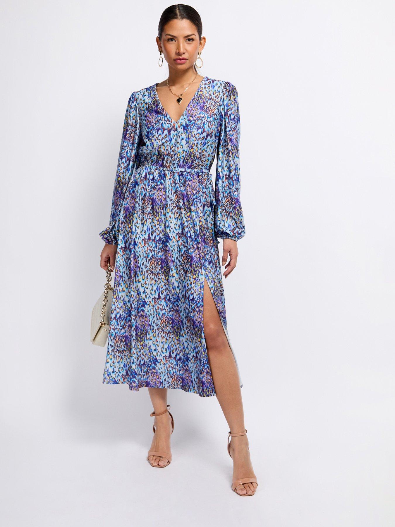 Image 3 of 4 of Little Mistress Peacock Print Midaxi Dress - Blue