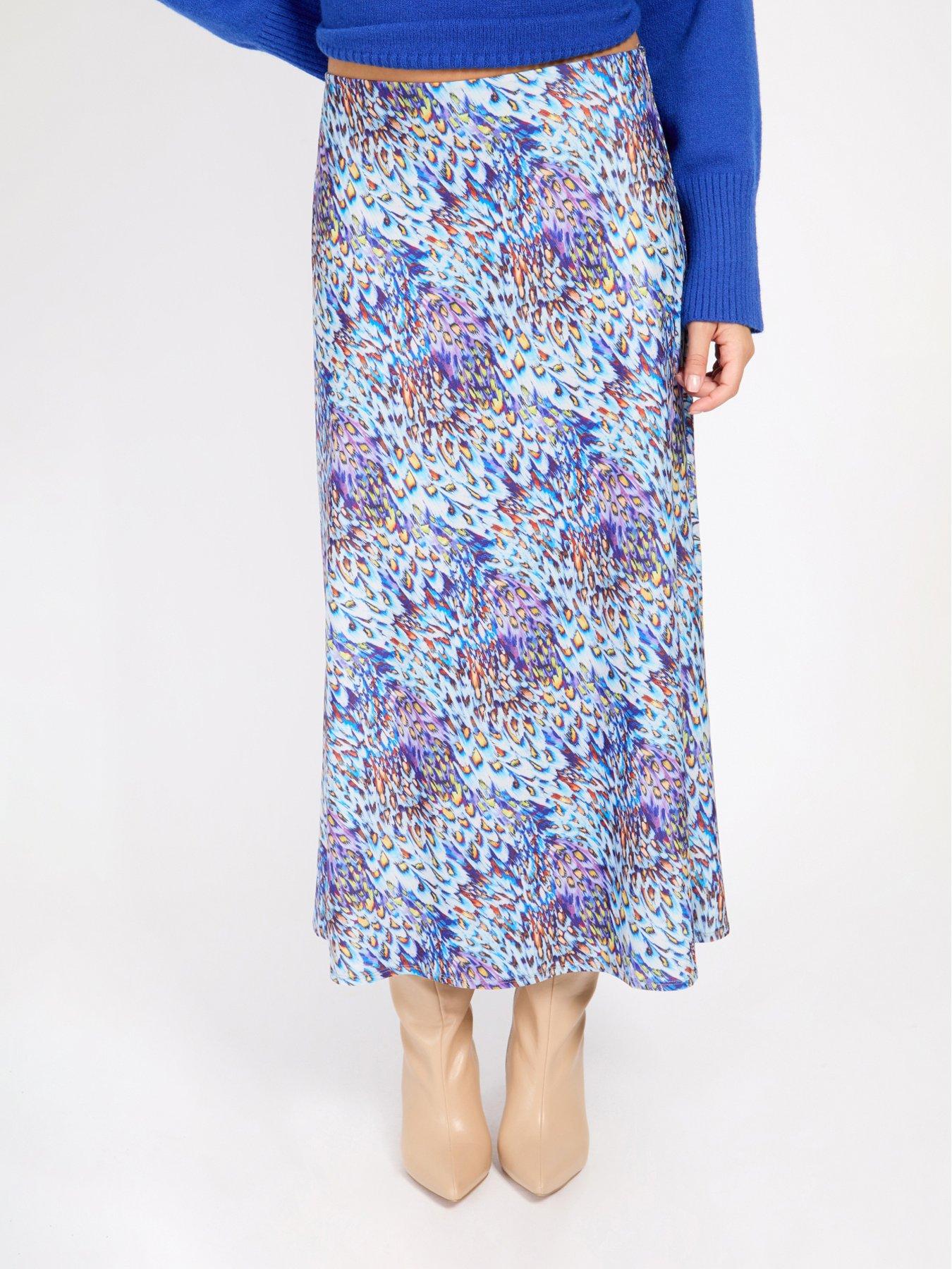 Image 1 of 4 of Little Mistress Peacock Print Midaxi Skirt - Blue