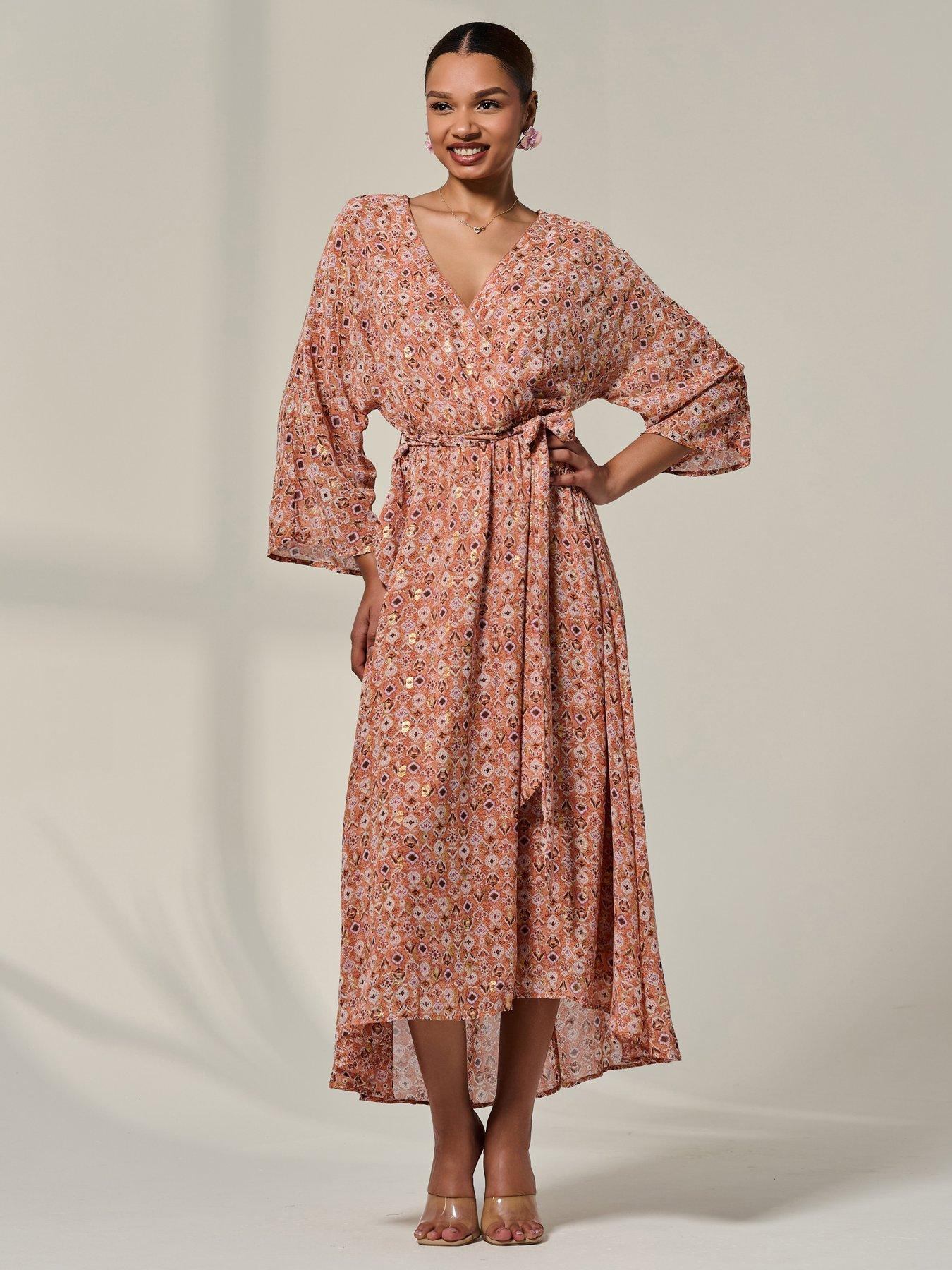Jolie Moi Chiffon Gold Spot Patterned Midaxi Dress - Orange