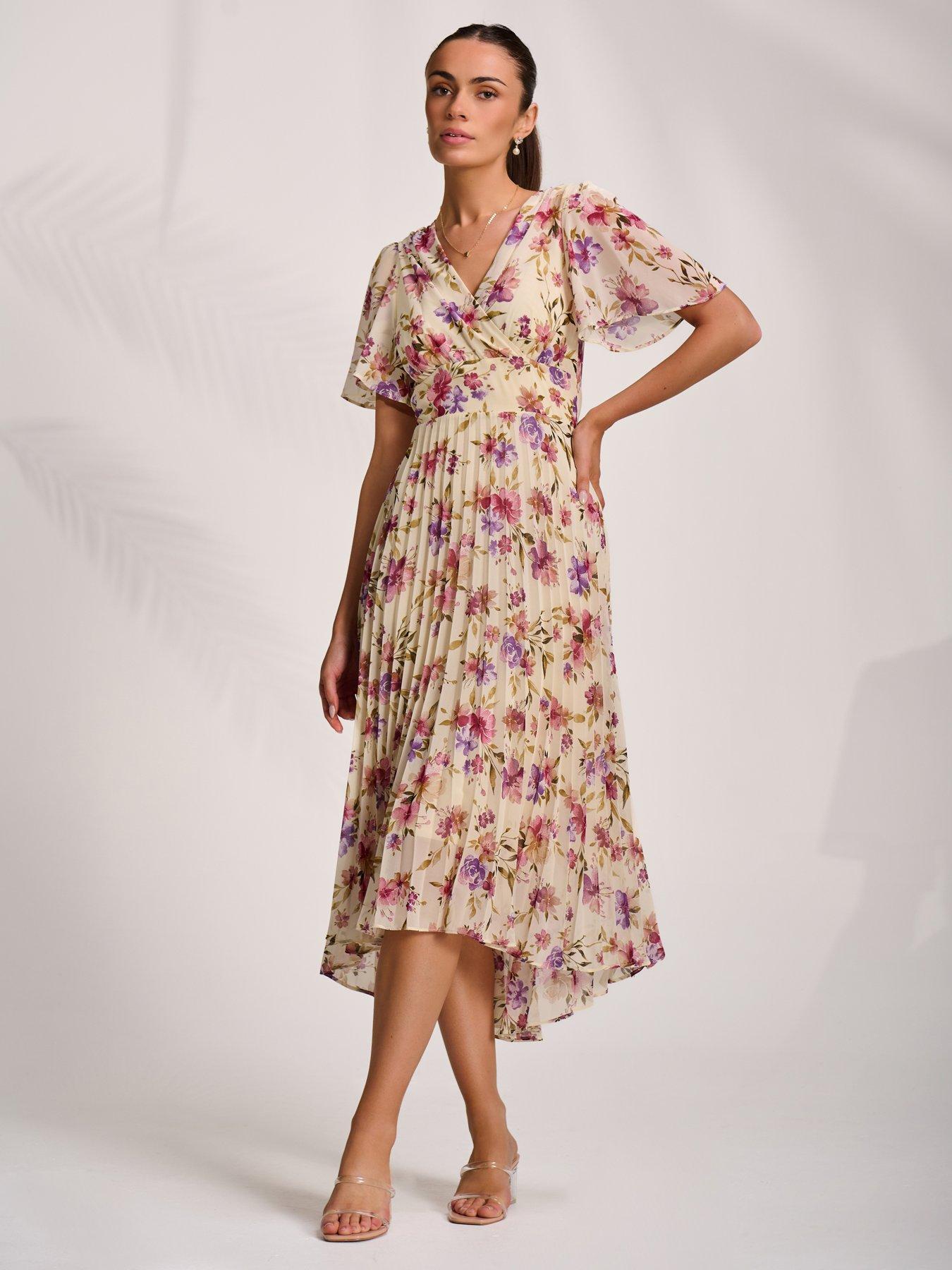 Jolie Moi Printed Chiffon Pleated Maxi Dress - Beige