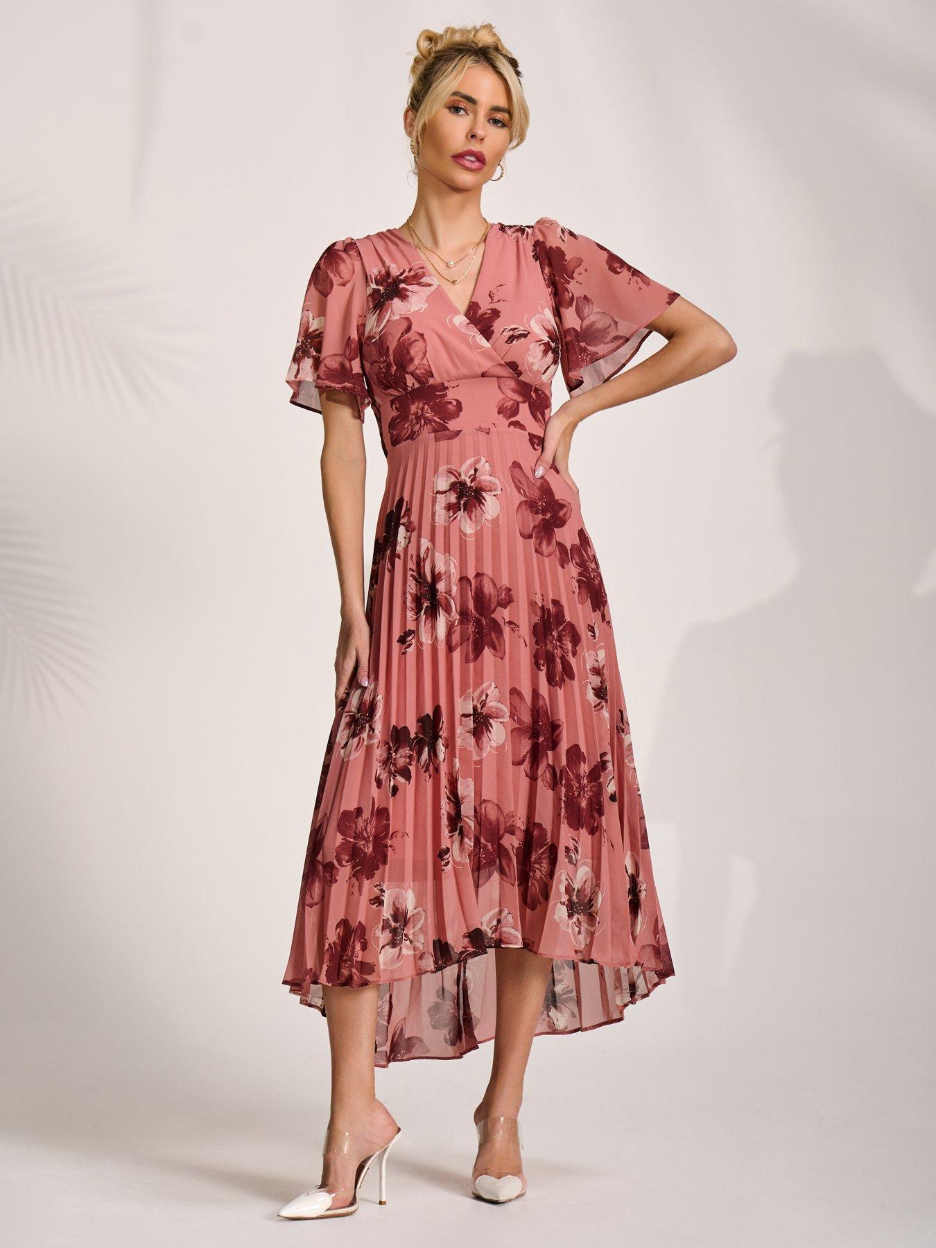 Image 1 of 7 of Jolie Moi Printed Chiffon Pleated Maxi Dress - Pink