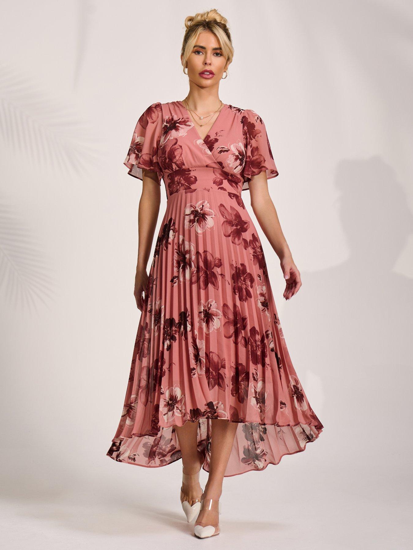 Image 3 of 7 of Jolie Moi Printed Chiffon Pleated Maxi Dress - Pink