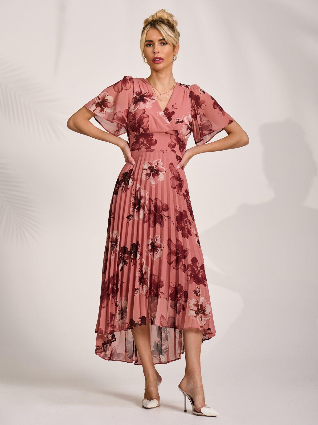 Image 5 of 7 of Jolie Moi Printed Chiffon Pleated Maxi Dress - Pink