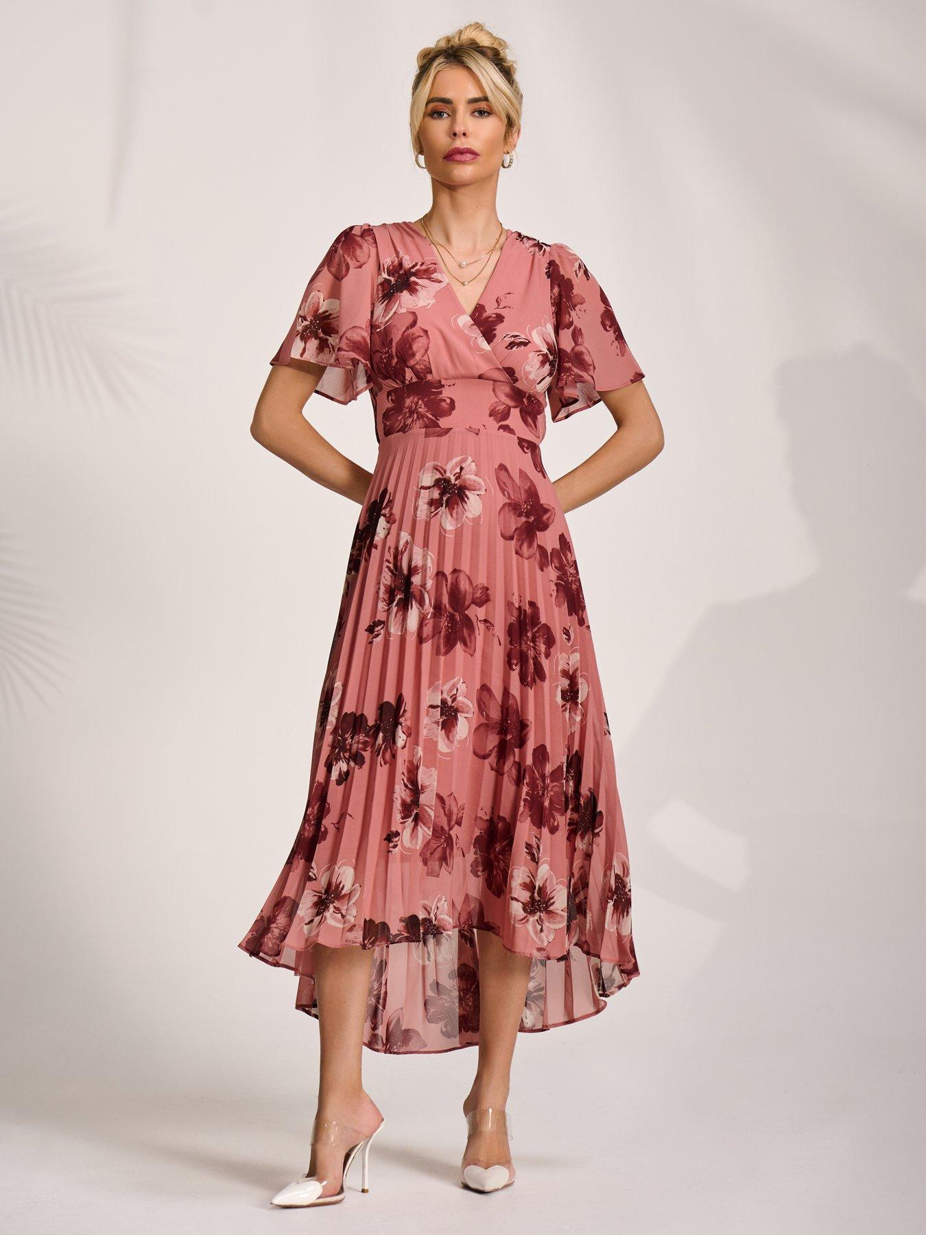 Image 7 of 7 of Jolie Moi Printed Chiffon Pleated Maxi Dress - Pink
