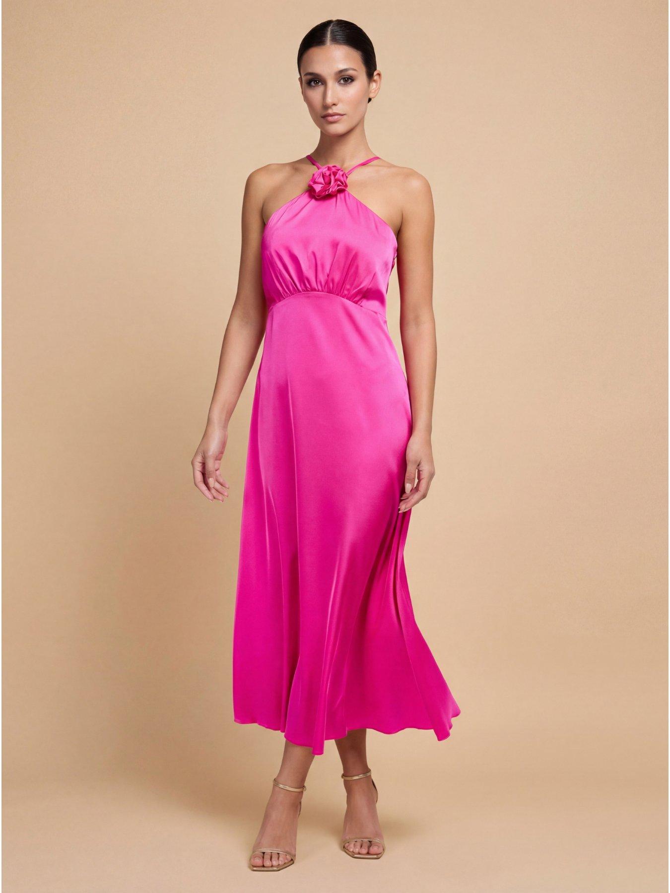 Image 1 of 3 of Little Mistress Satin Rosette Midaxi Dress - Pink