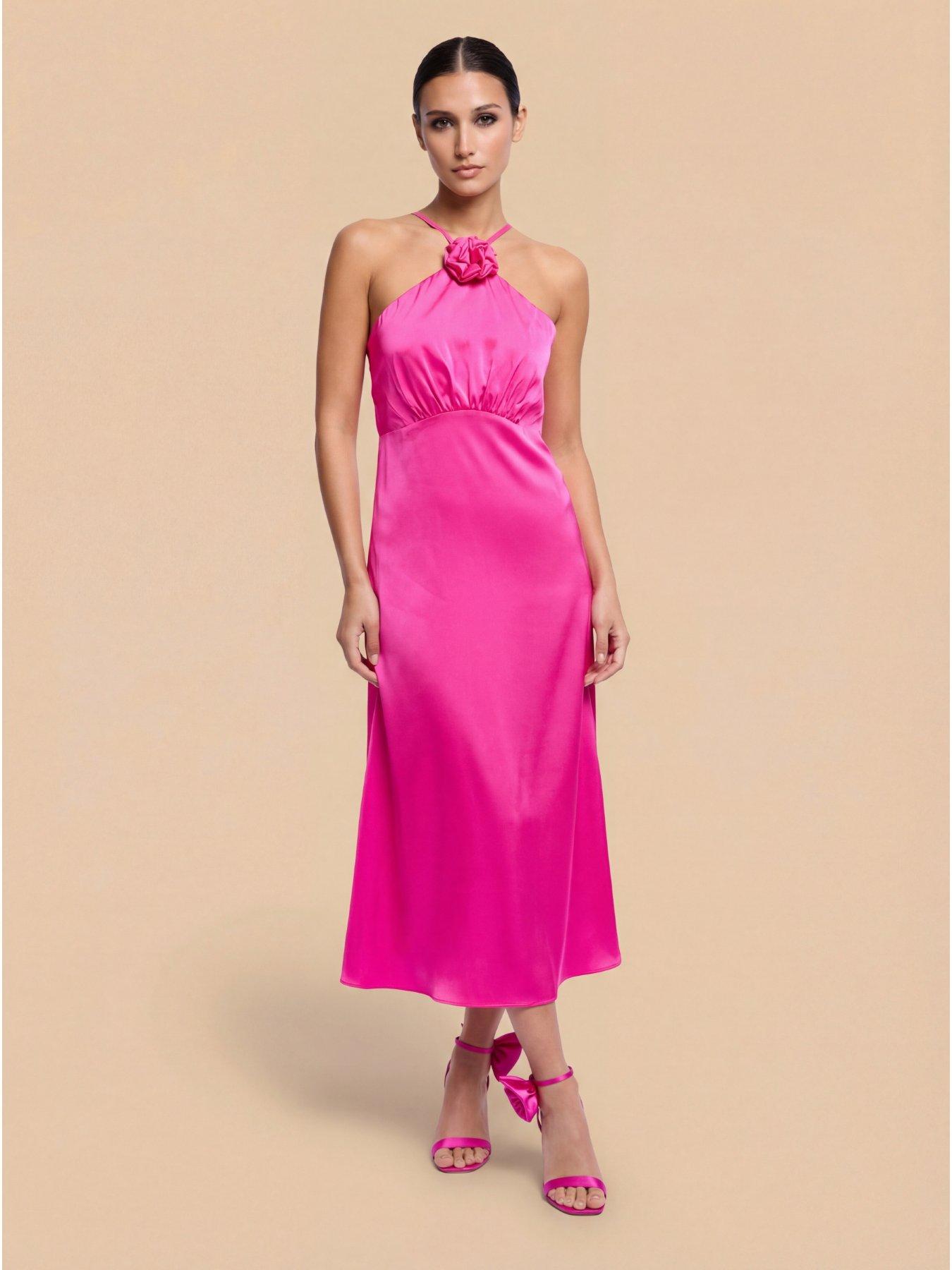 Image 3 of 3 of Little Mistress Satin Rosette Midaxi Dress - Pink