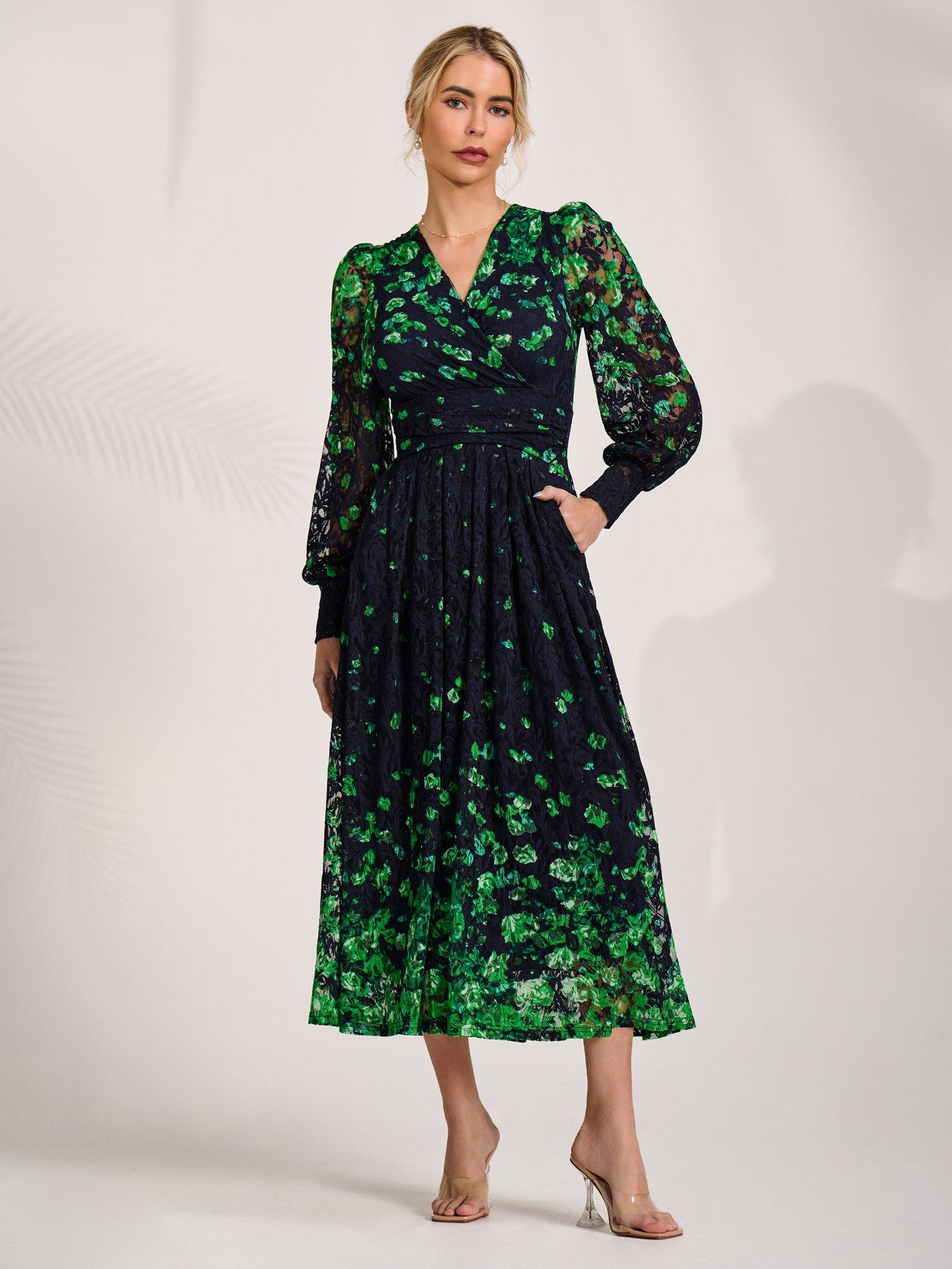 Image 1 of 7 of Jolie Moi Long Sleeve Printed Lace Maxi Dress - Navy