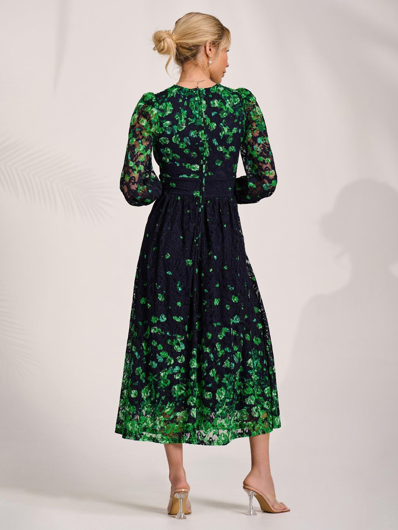 Image 2 of 7 of Jolie Moi Long Sleeve Printed Lace Maxi Dress - Navy