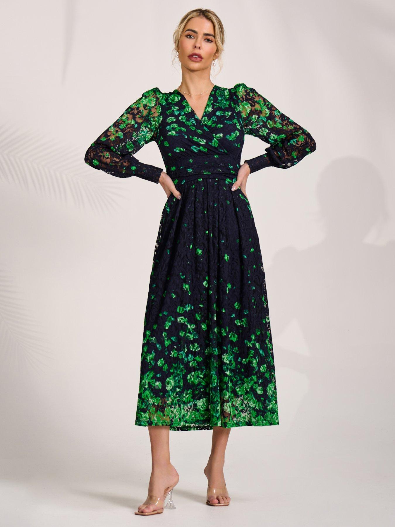 Image 3 of 7 of Jolie Moi Long Sleeve Printed Lace Maxi Dress - Navy