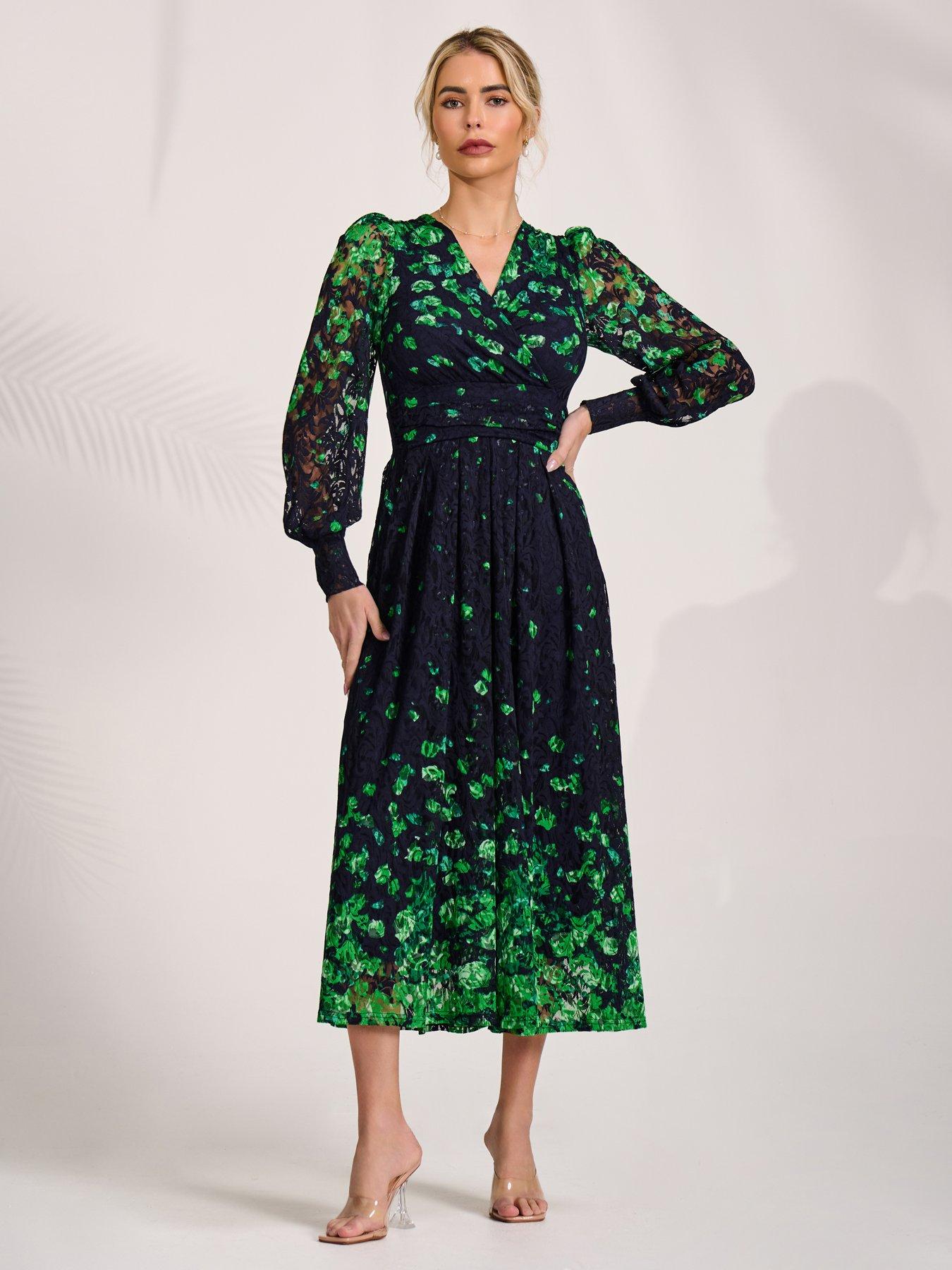 Image 5 of 7 of Jolie Moi Long Sleeve Printed Lace Maxi Dress - Navy