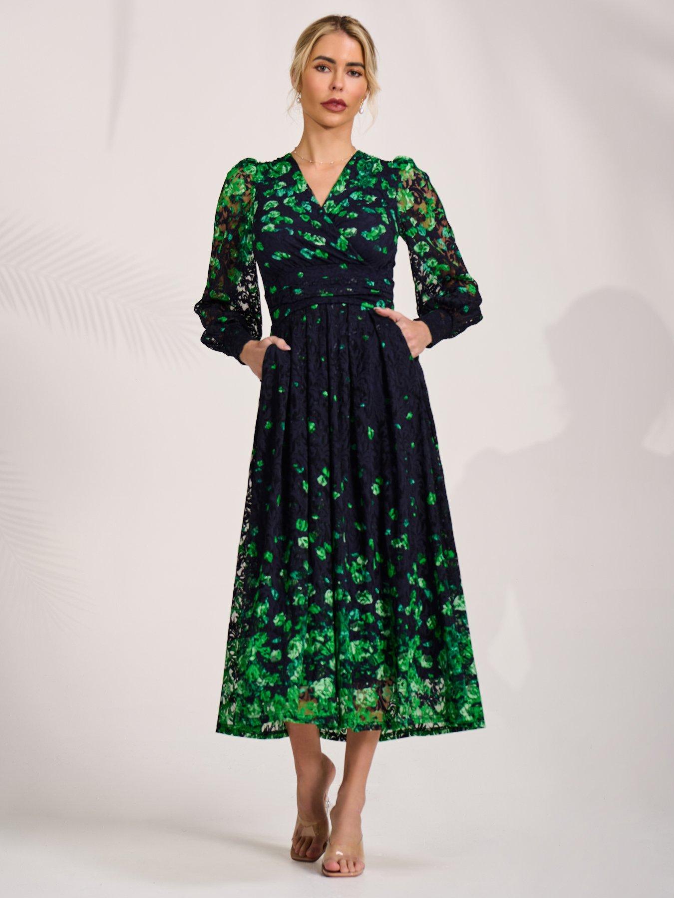 Image 6 of 7 of Jolie Moi Long Sleeve Printed Lace Maxi Dress - Navy