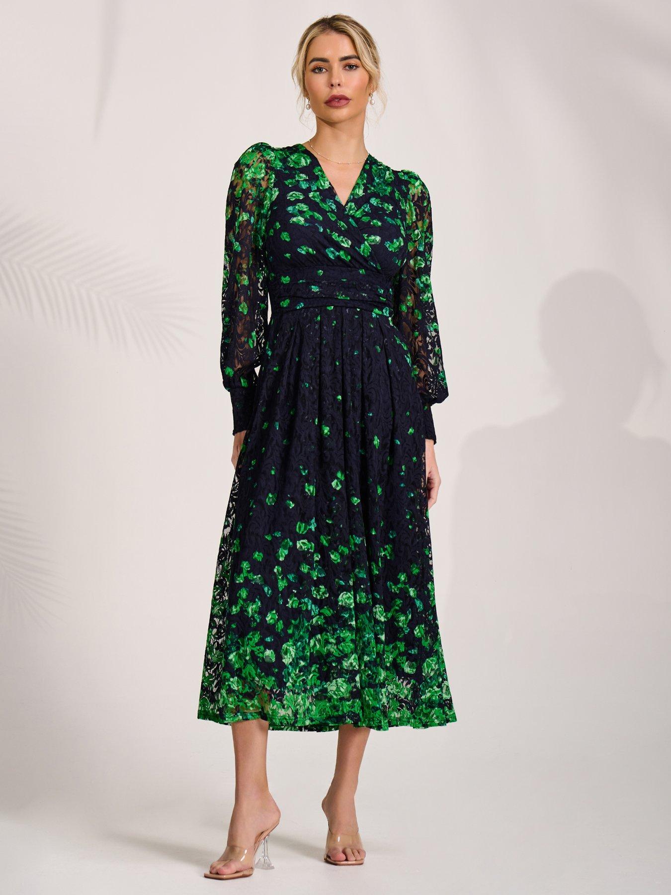 Image 7 of 7 of Jolie Moi Long Sleeve Printed Lace Maxi Dress - Navy
