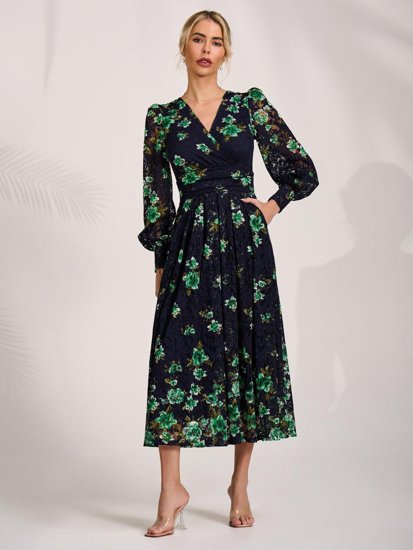 Image 1 of 7 of Jolie Moi Long Sleeve Printed Lace Maxi Dress - Navy