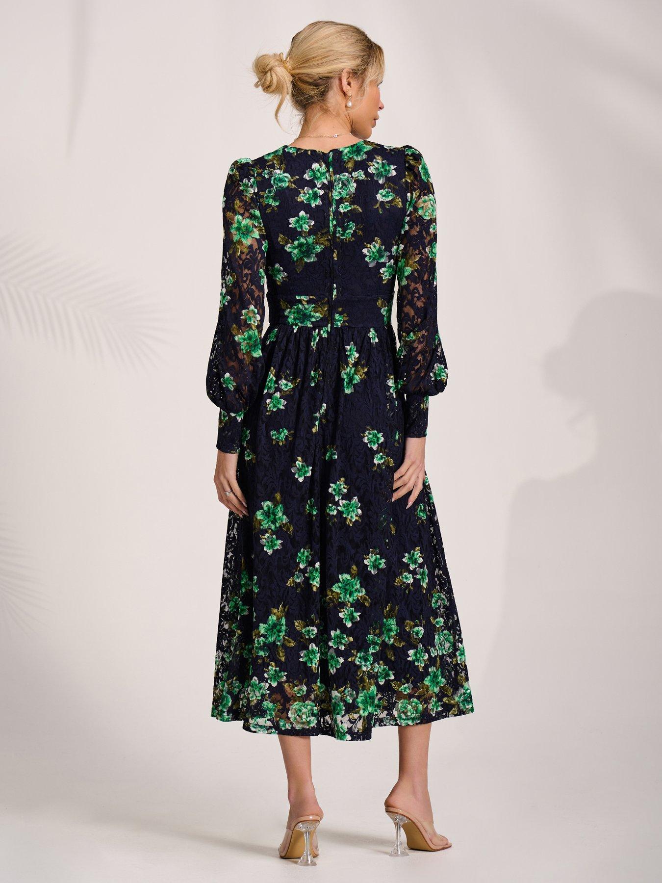 Image 2 of 7 of Jolie Moi Long Sleeve Printed Lace Maxi Dress - Navy