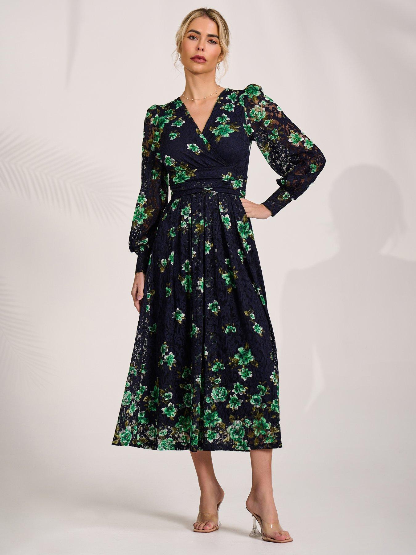 Image 3 of 7 of Jolie Moi Long Sleeve Printed Lace Maxi Dress - Navy