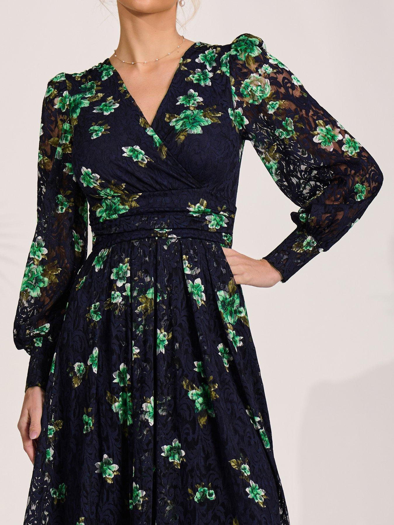 Image 4 of 7 of Jolie Moi Long Sleeve Printed Lace Maxi Dress - Navy