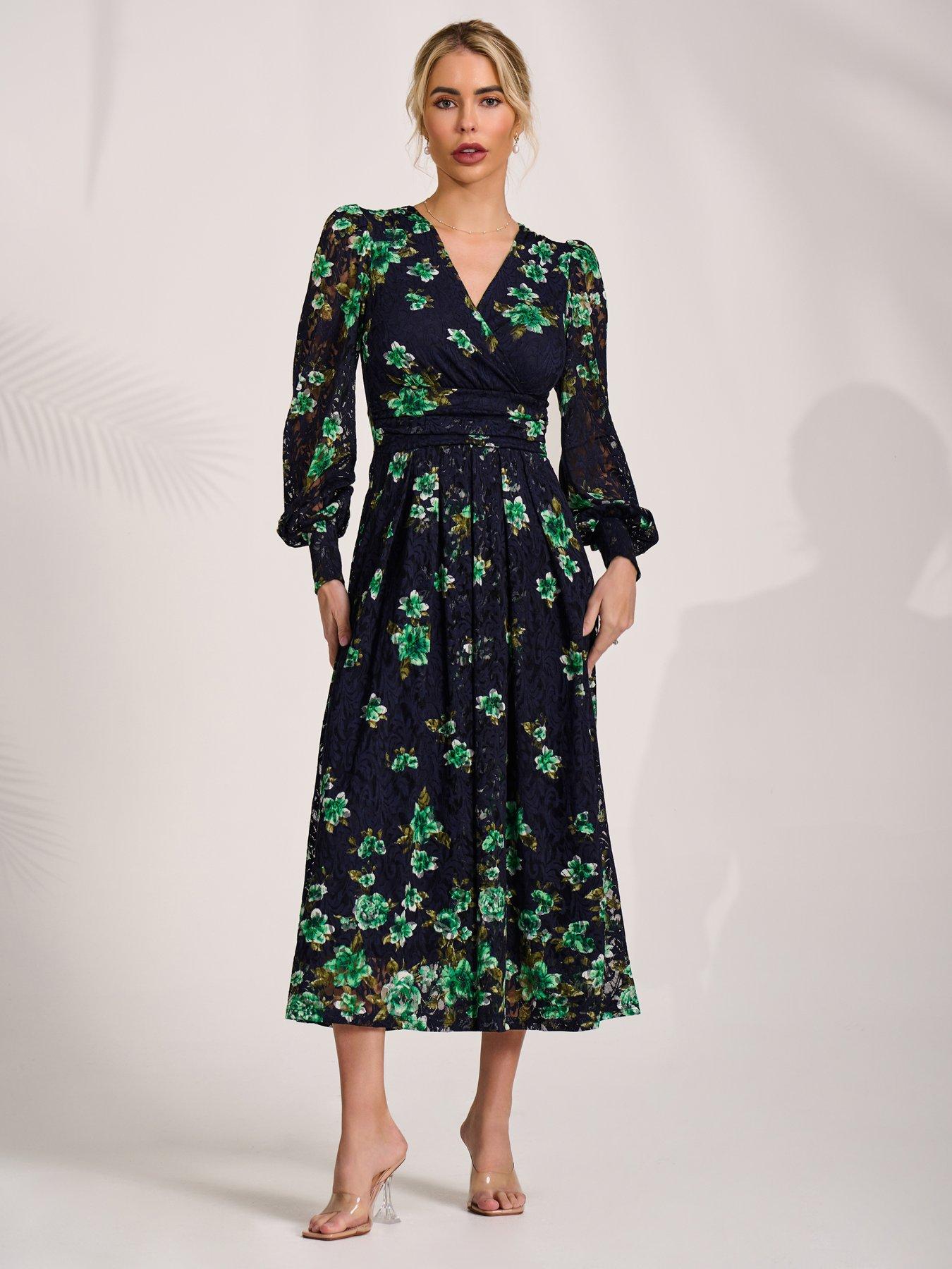 Image 5 of 7 of Jolie Moi Long Sleeve Printed Lace Maxi Dress - Navy