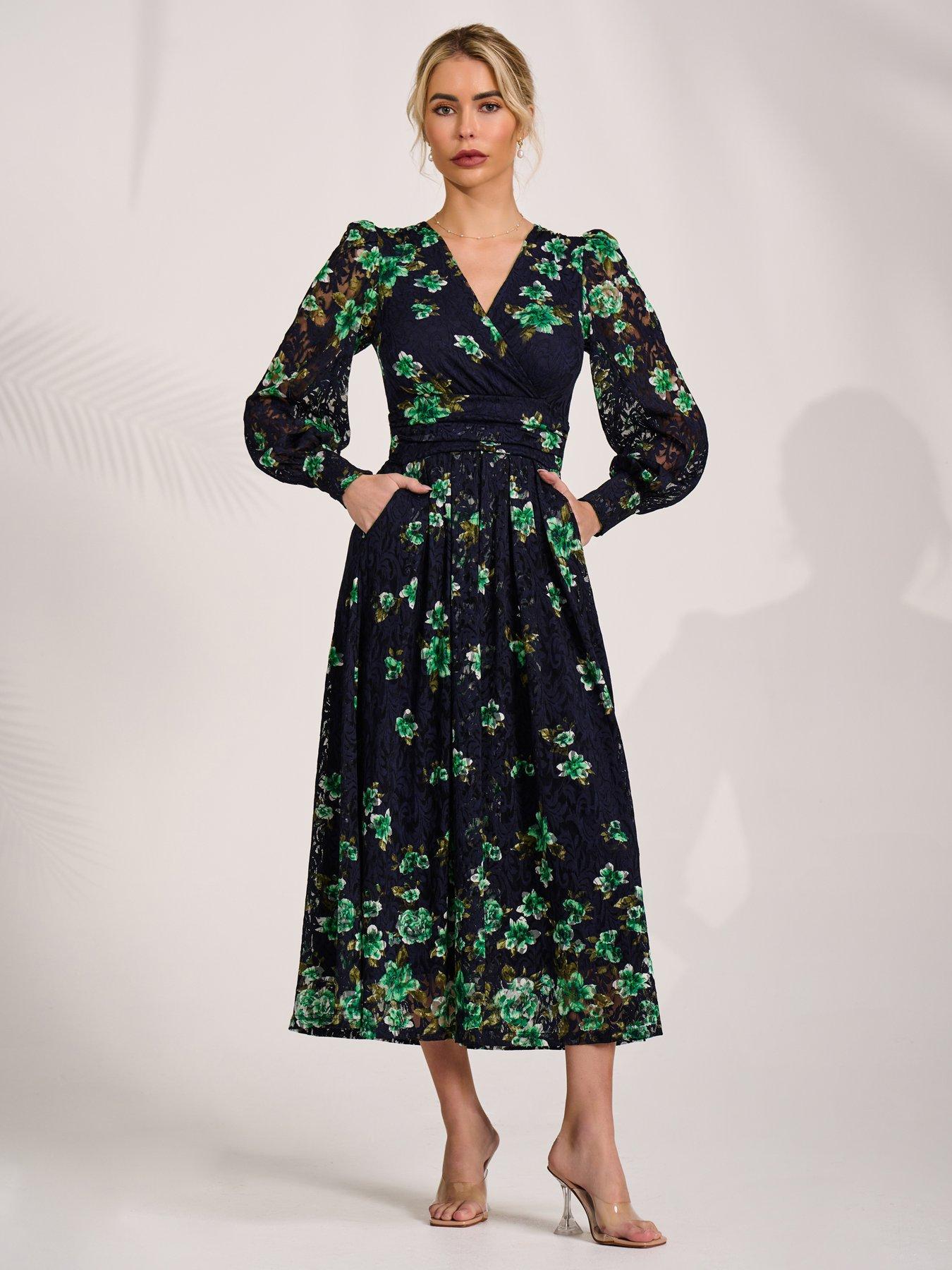 Image 6 of 7 of Jolie Moi Long Sleeve Printed Lace Maxi Dress - Navy
