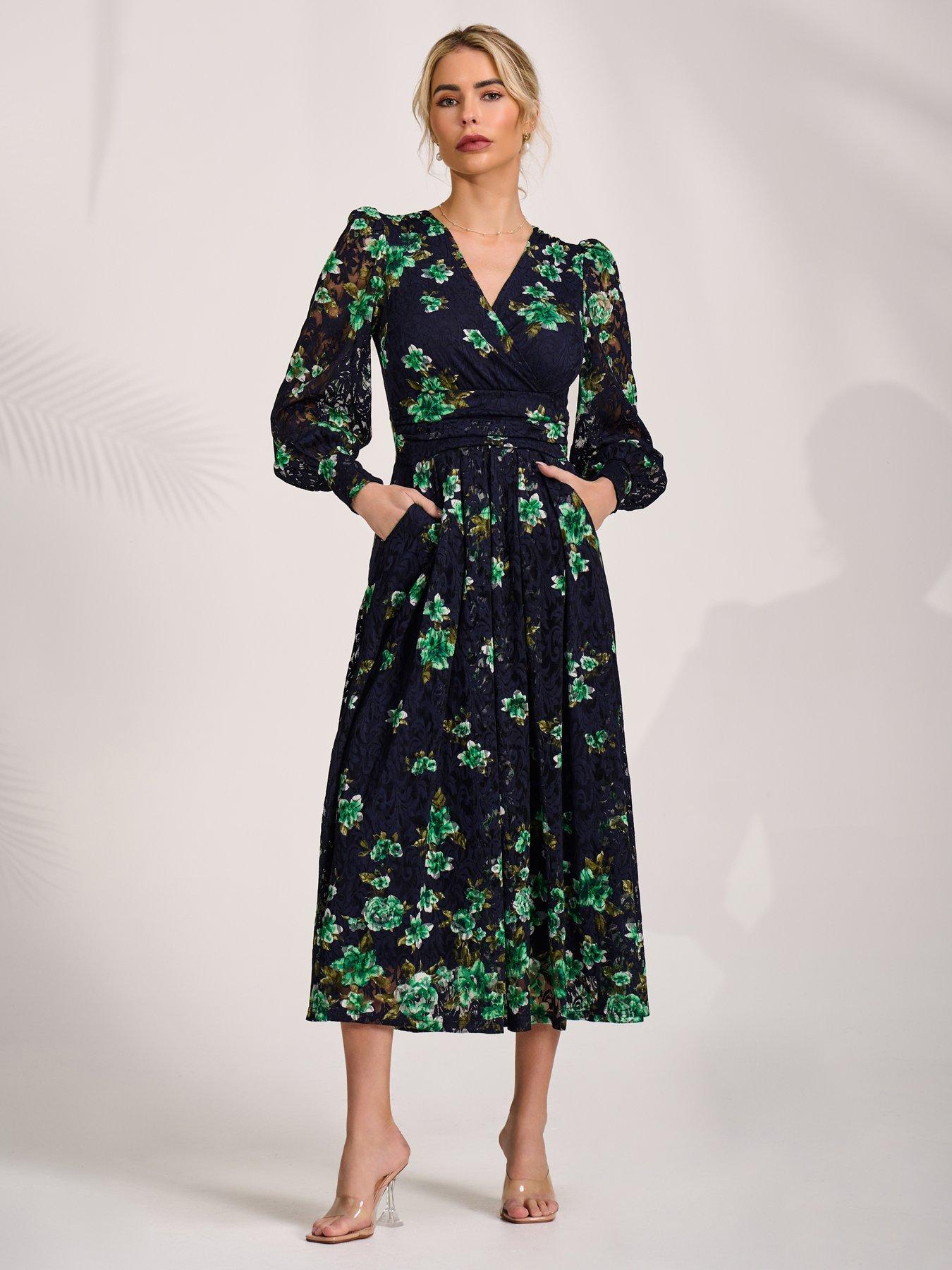 Image 7 of 7 of Jolie Moi Long Sleeve Printed Lace Maxi Dress - Navy