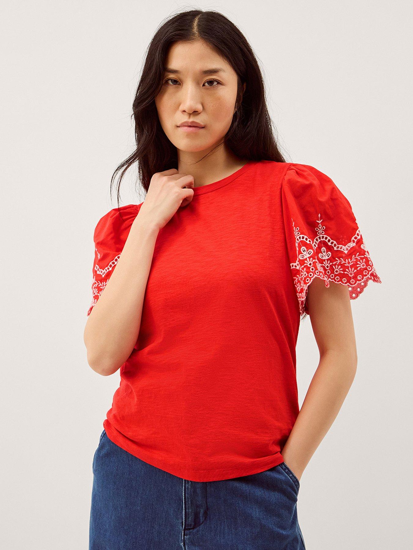 Monsoon Bree Broderie Jersey T-Shirt - Red