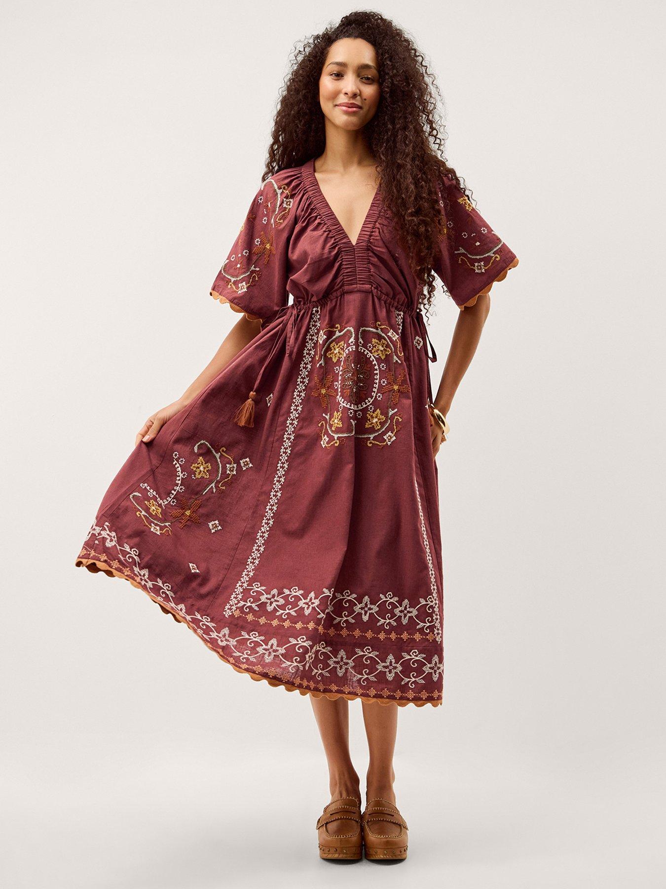 Monsoon Greta Embroidered Dress - Brown