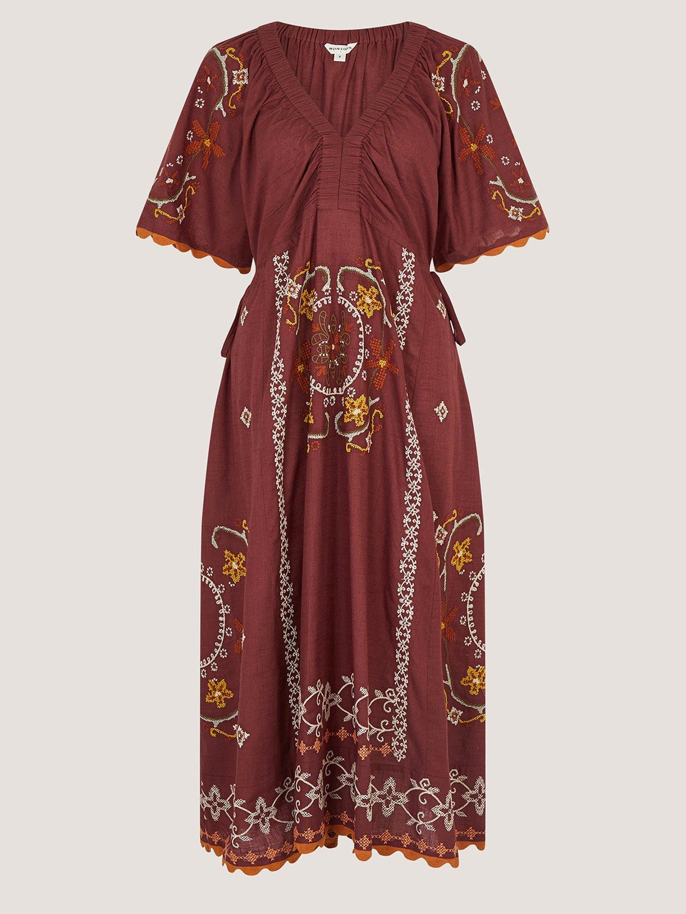 Monsoon Greta Embroidered Dress - Brown | Very