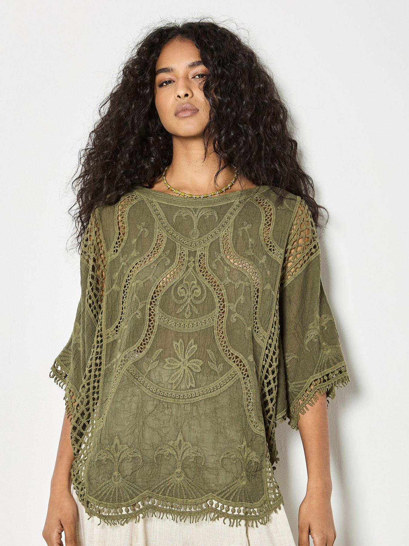 Apricot Embroidered Cotton Crochet Top