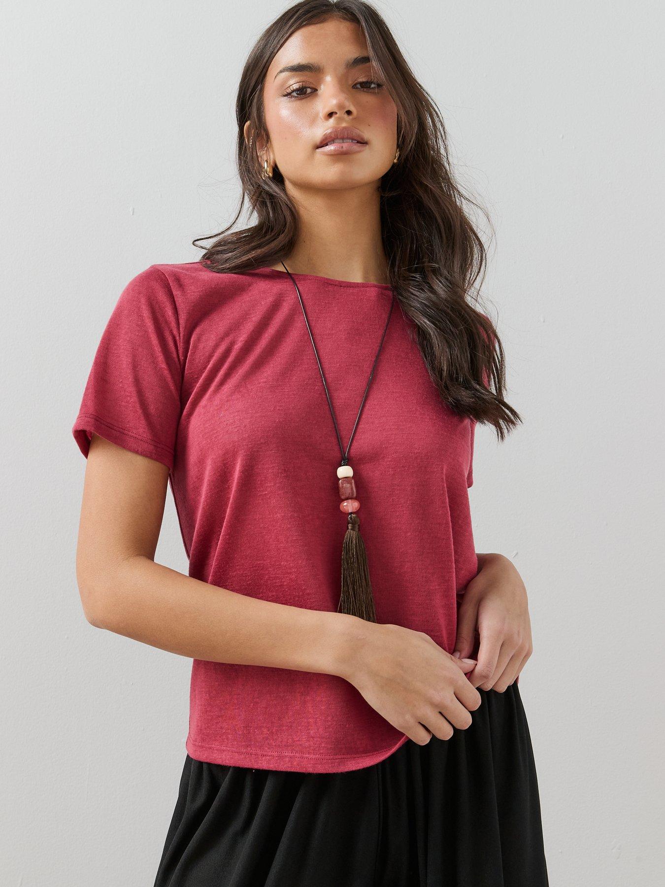The Very Collection Linen Look Crew Neck T-shirt - Burgundy