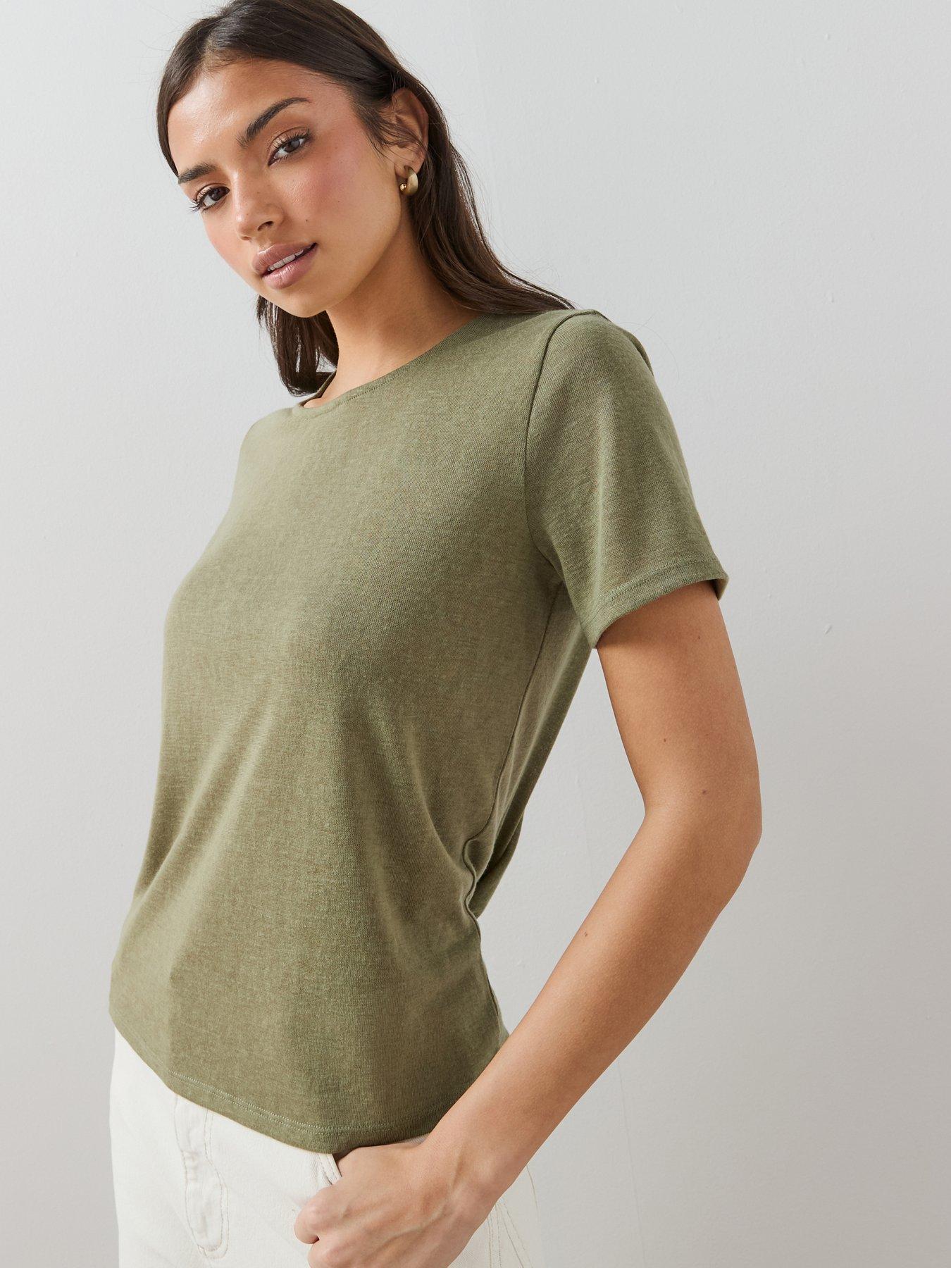 Image 1 of 7 of The Very Collection Linen Look Crew Neck T-shirt - Khaki