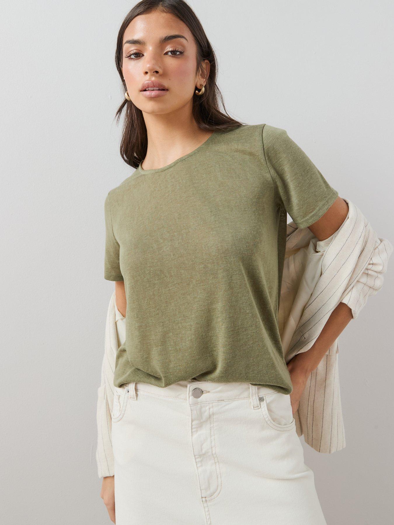 Image 4 of 7 of The Very Collection Linen Look Crew Neck T-shirt - Khaki