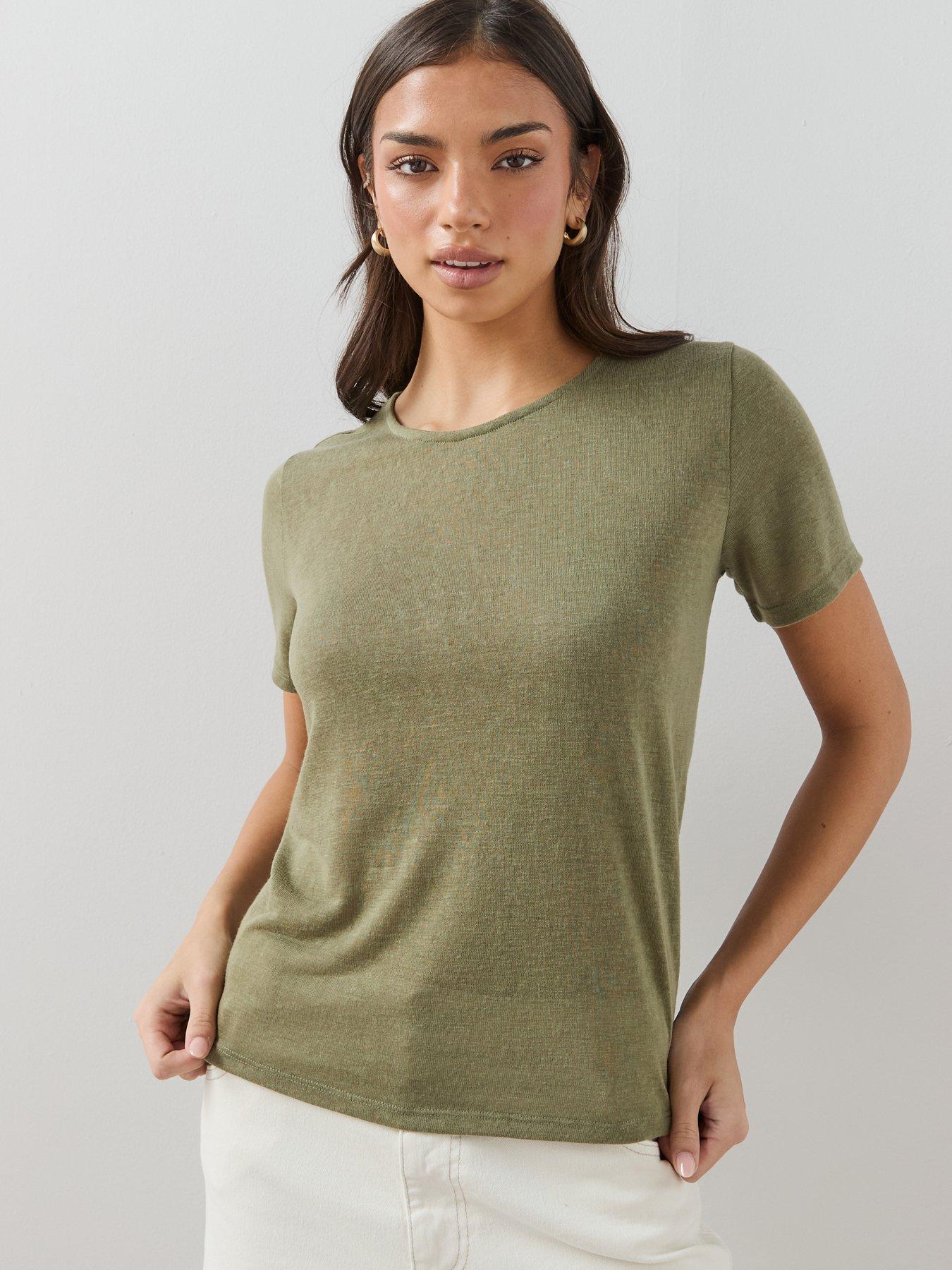 Image 6 of 7 of The Very Collection Linen Look Crew Neck T-shirt - Khaki