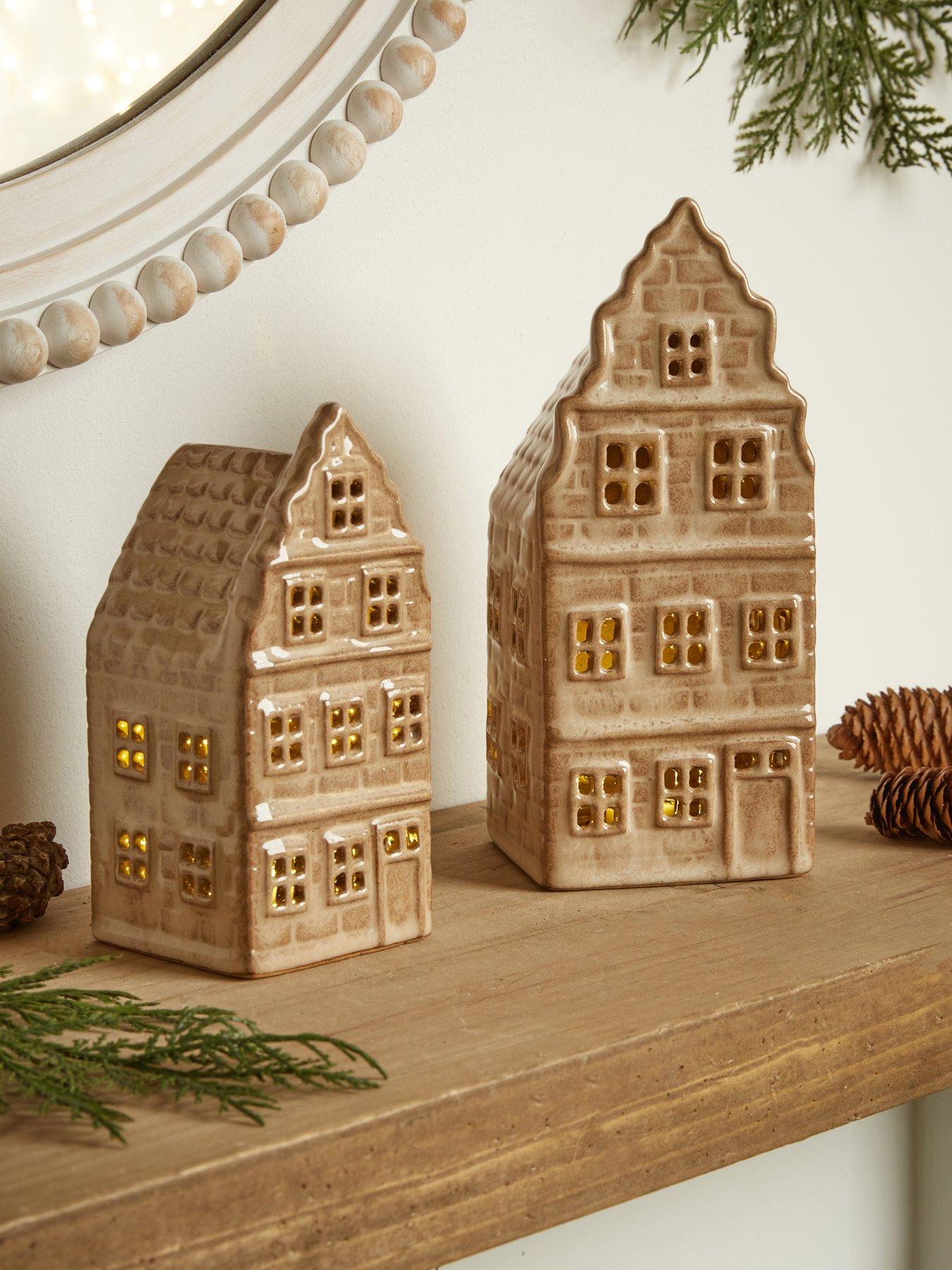 Image 1 of 7 of The Very Collection Set of 2 Light Up Ceramic Beige Houses Christmas Decoration
