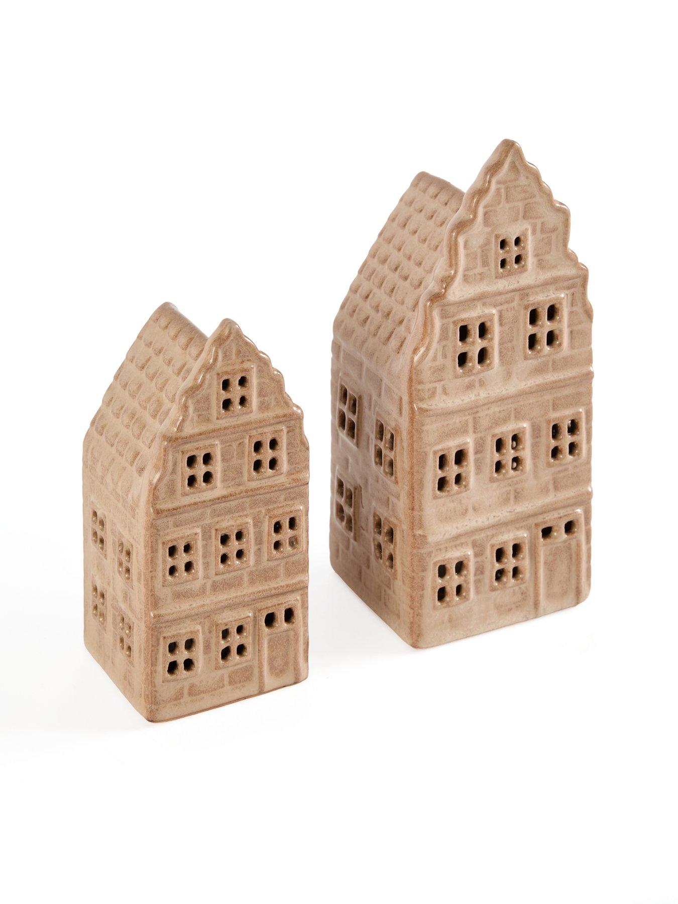 Image 2 of 7 of The Very Collection Set of 2 Light Up Ceramic Beige Houses Christmas Decoration