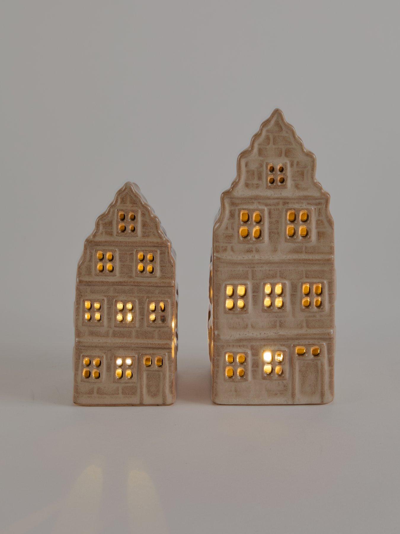Image 3 of 7 of The Very Collection Set of 2 Light Up Ceramic Beige Houses Christmas Decoration