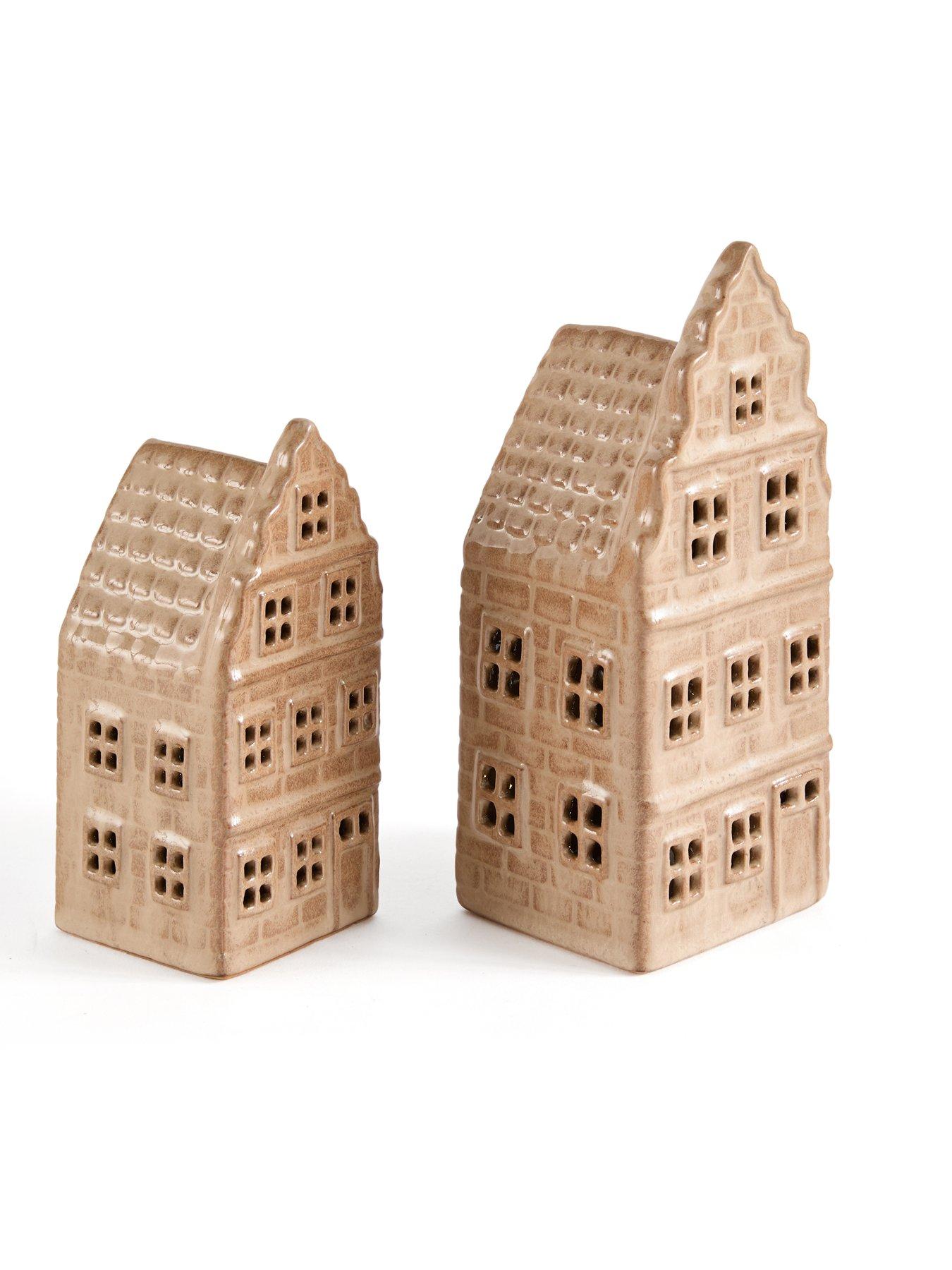 Image 4 of 7 of The Very Collection Set of 2 Light Up Ceramic Beige Houses Christmas Decoration