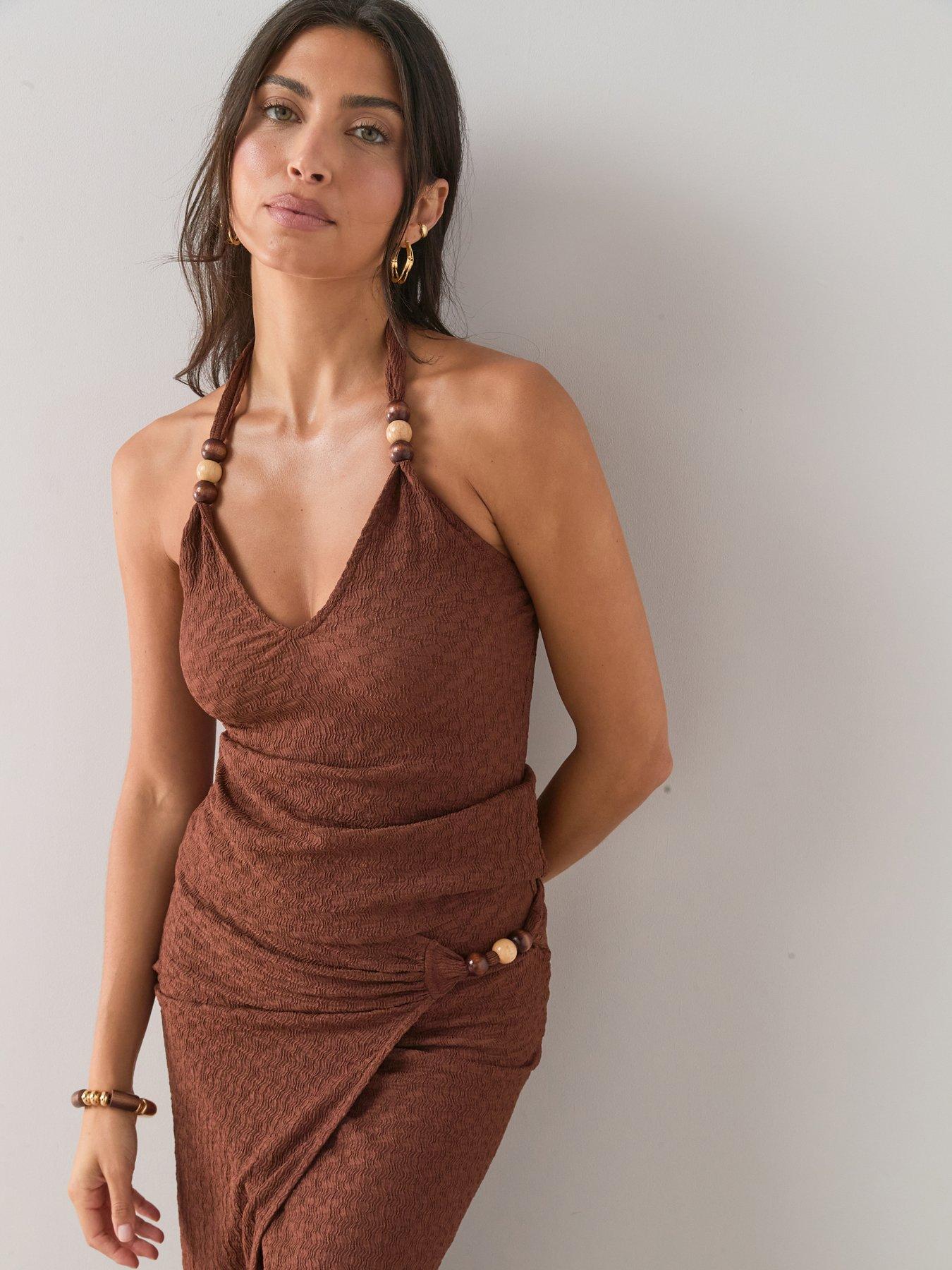 The Very Collection Bead Textured Co-ord Halter Top- Brown