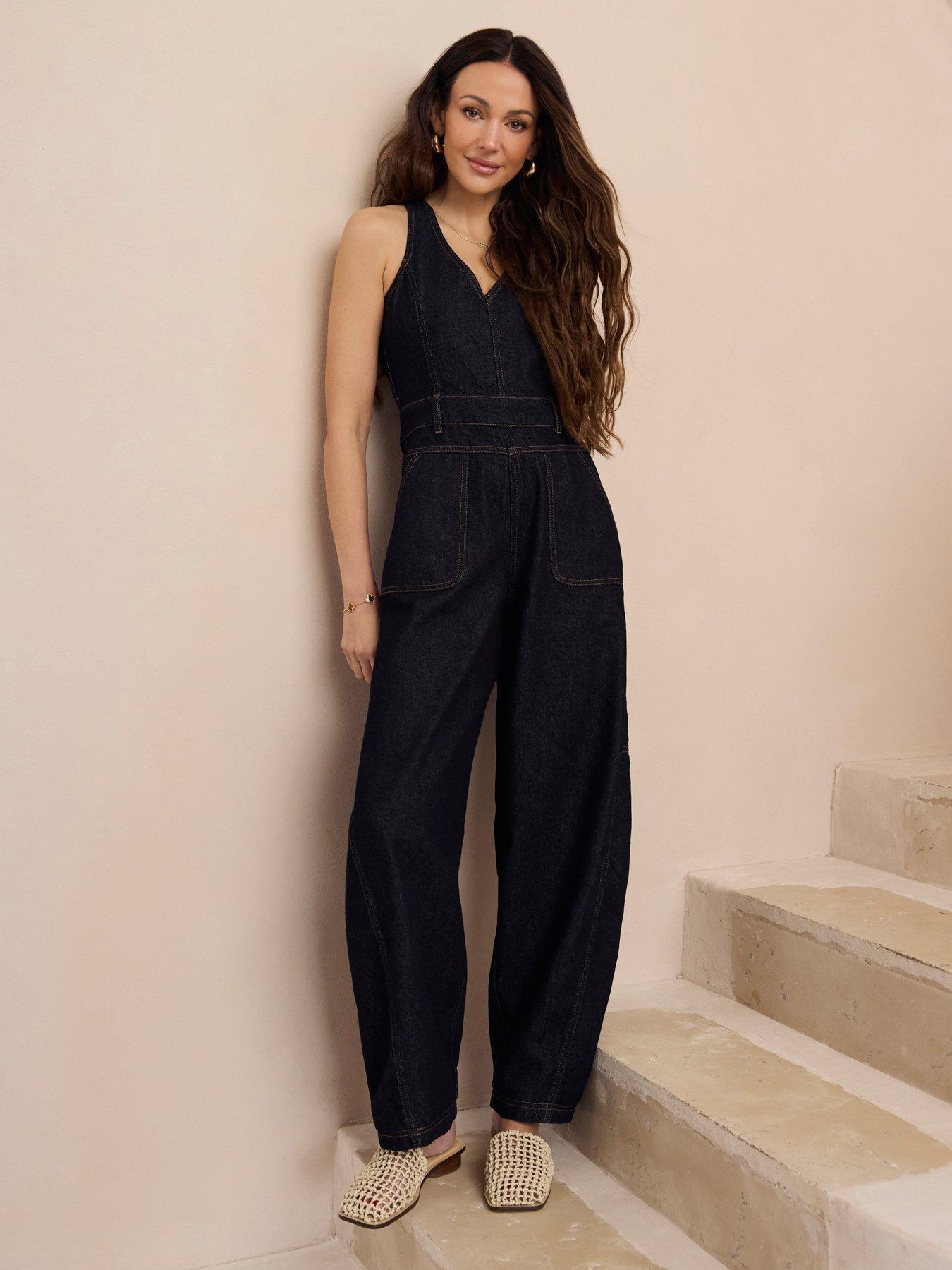 Image 1 of 5 of Michelle Keegan Barrel Leg Jumpsuit - Dark Wash