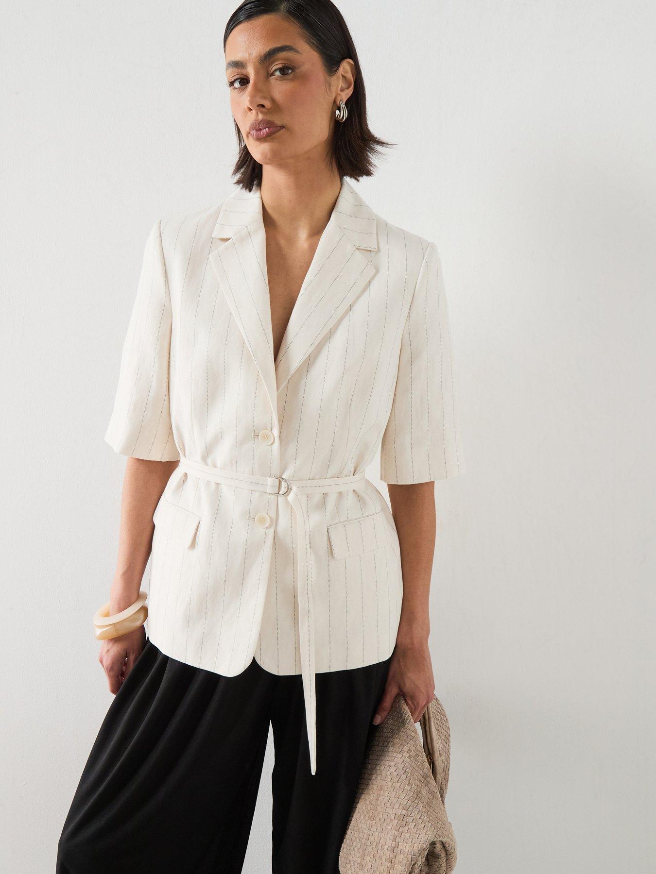 Mango Linen Suit Jacket With Belt - Ecru - Beige
