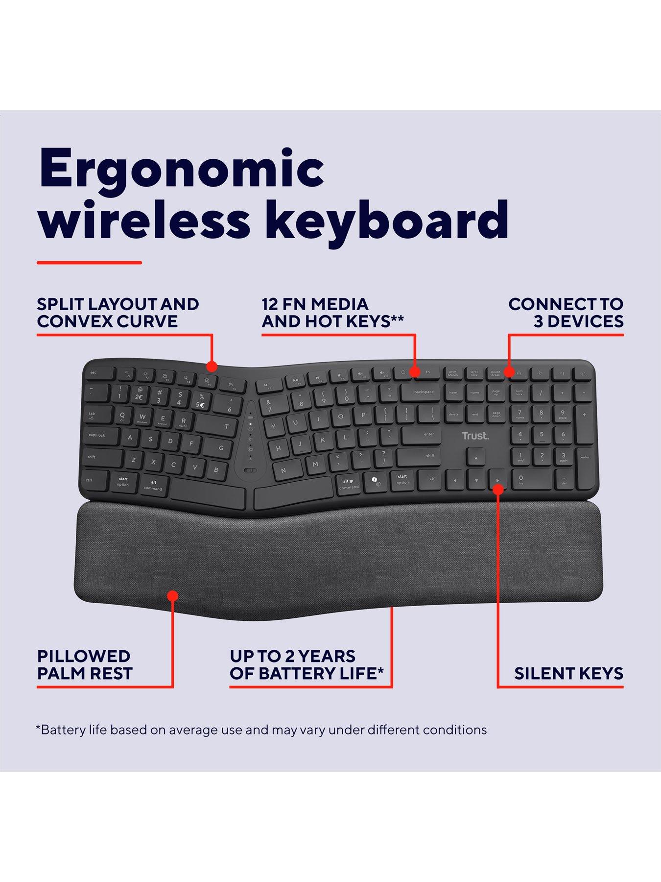 Image 2 of 8 of Trust Keyra Ergonomic Multi-Device Wireless Keyboard for PC/ Laptop - UK Layout, Black