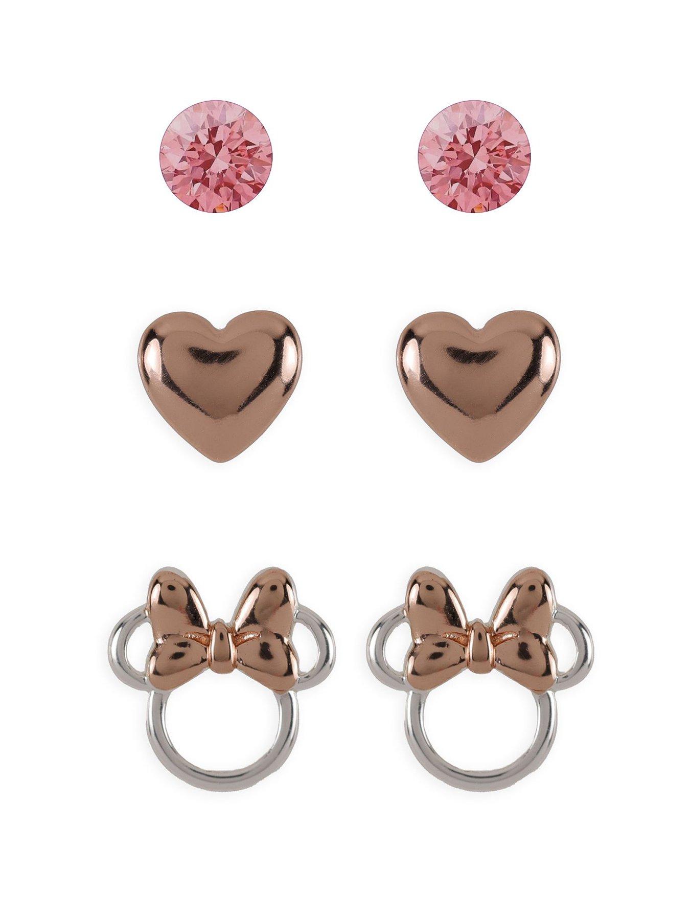 Minnie Mouse Brass Light Rose Crystal, Heart  &  Stud Earrings 3Pc Set