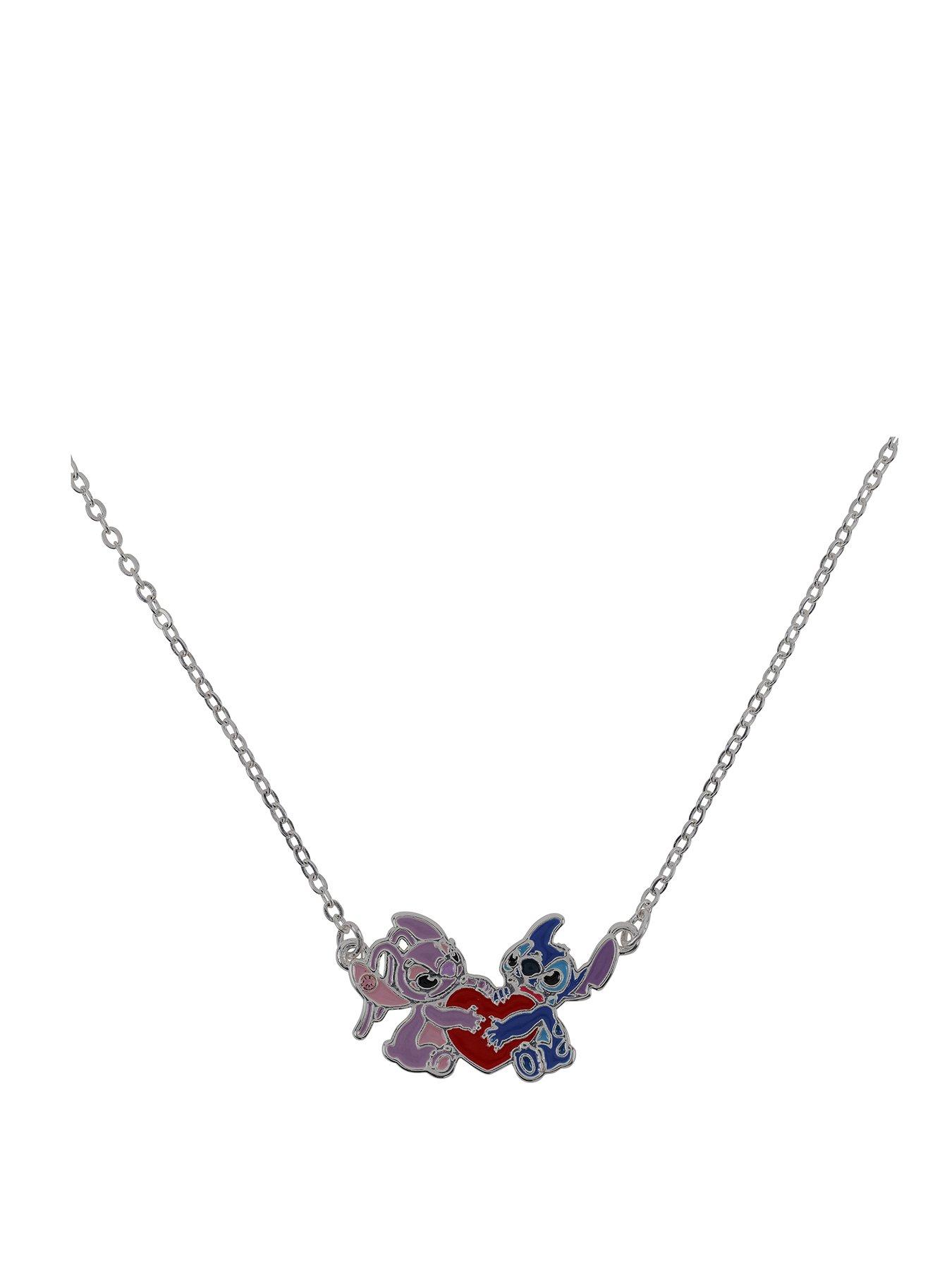 Image 1 of 2 of Disney Silver Plated 18" Stitch And Angel Enamel Heart Necklace