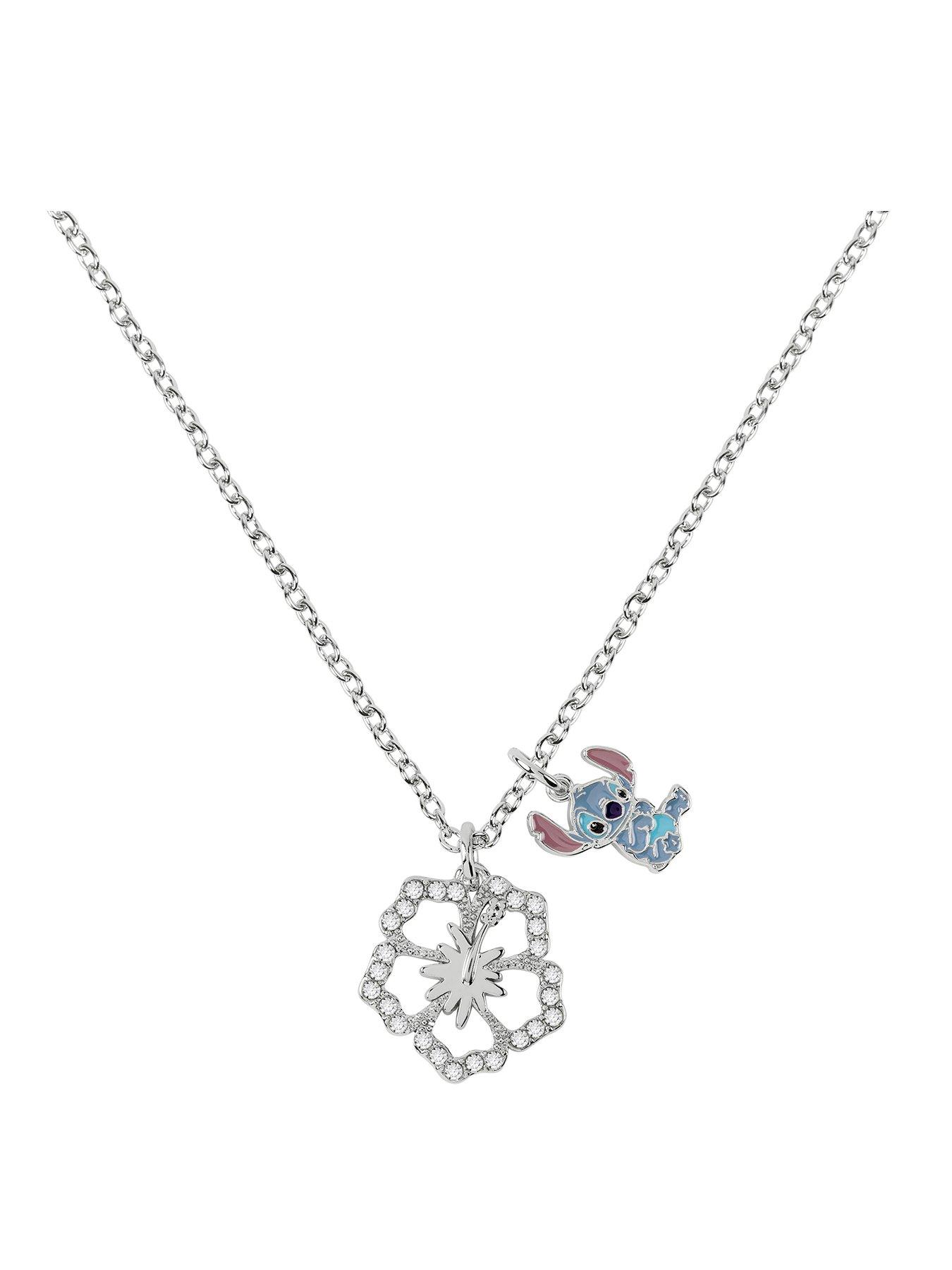 Disney Stitch Brass  &  Flower Pendant 16" 2" Ext Imitation Rhodium Necklace