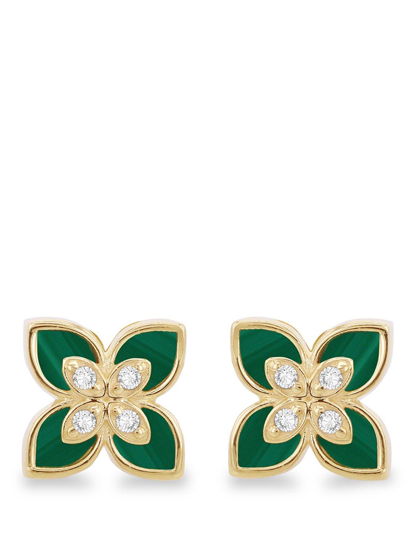 The Love Collection 9ct Yellow Gold 8mm x 8mm Synthetic Malachite and CZ Flower Stud Earring