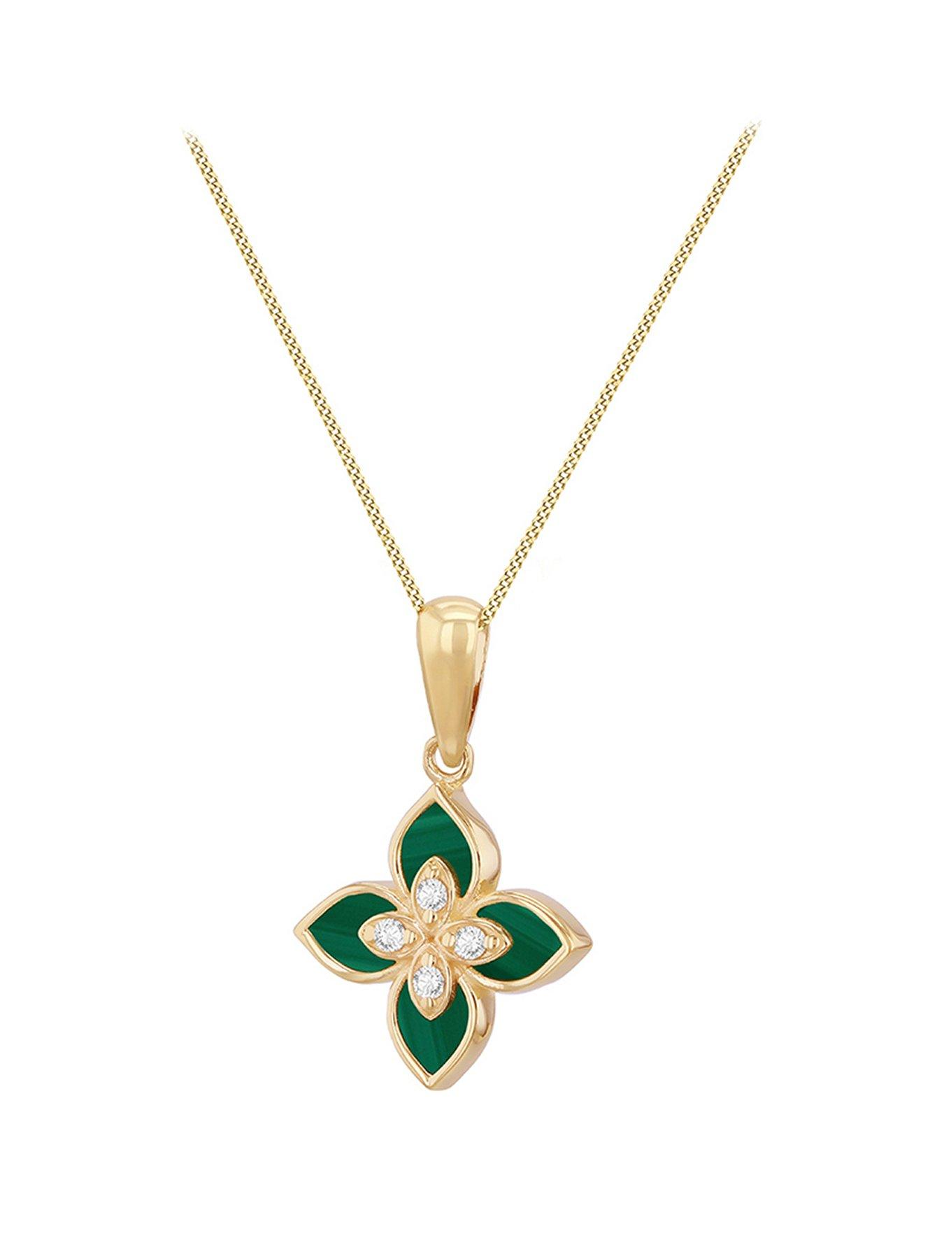 The Love Collection 9ct Yellow Gold 18mm x 12mm Synthetic Malachite and CZ Clover Pendant/18'