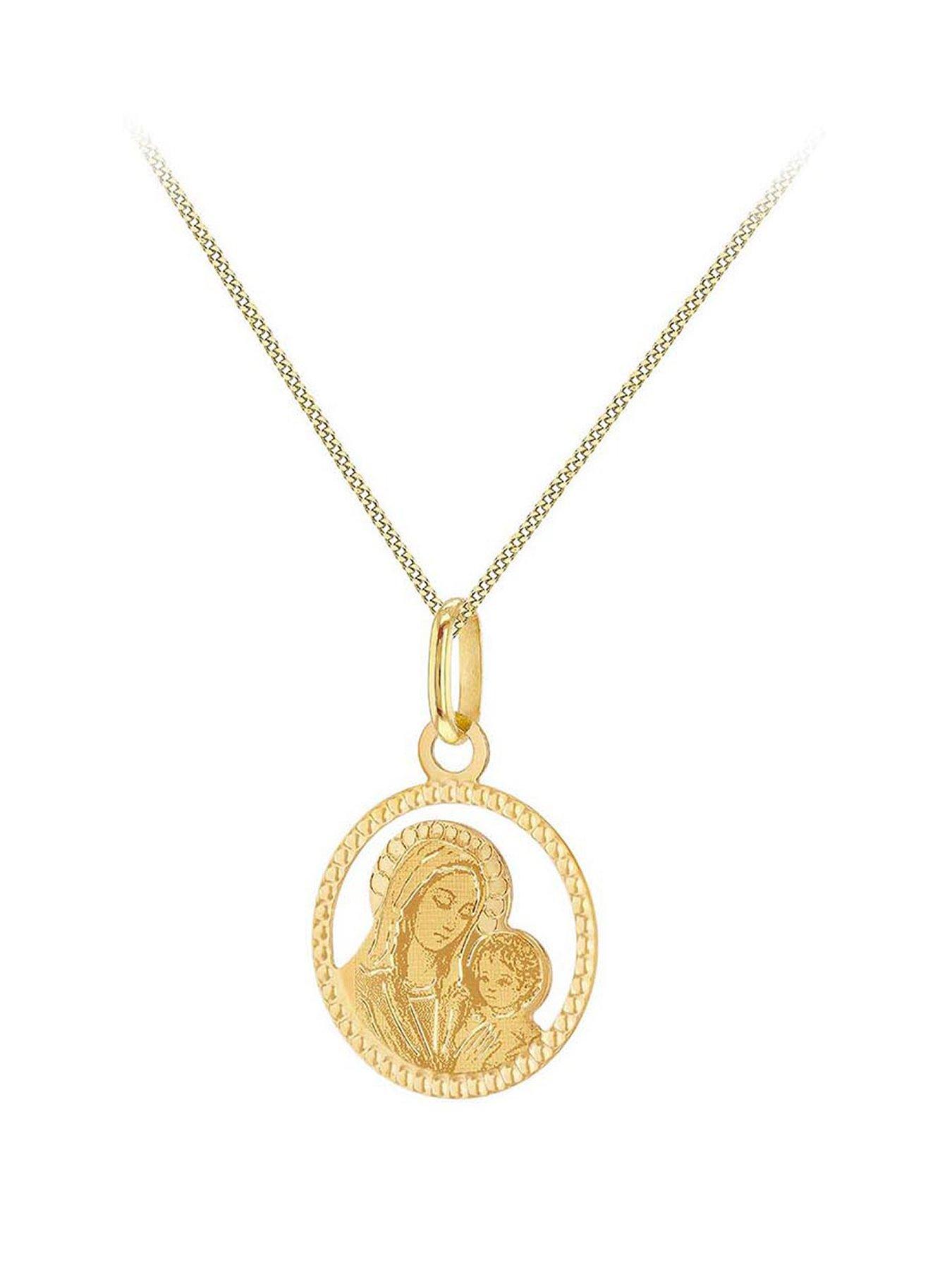 The Love Collection 9ct Yellow Gold 14.5mm Diamond Cut Round Mary and Child Pendant/18'