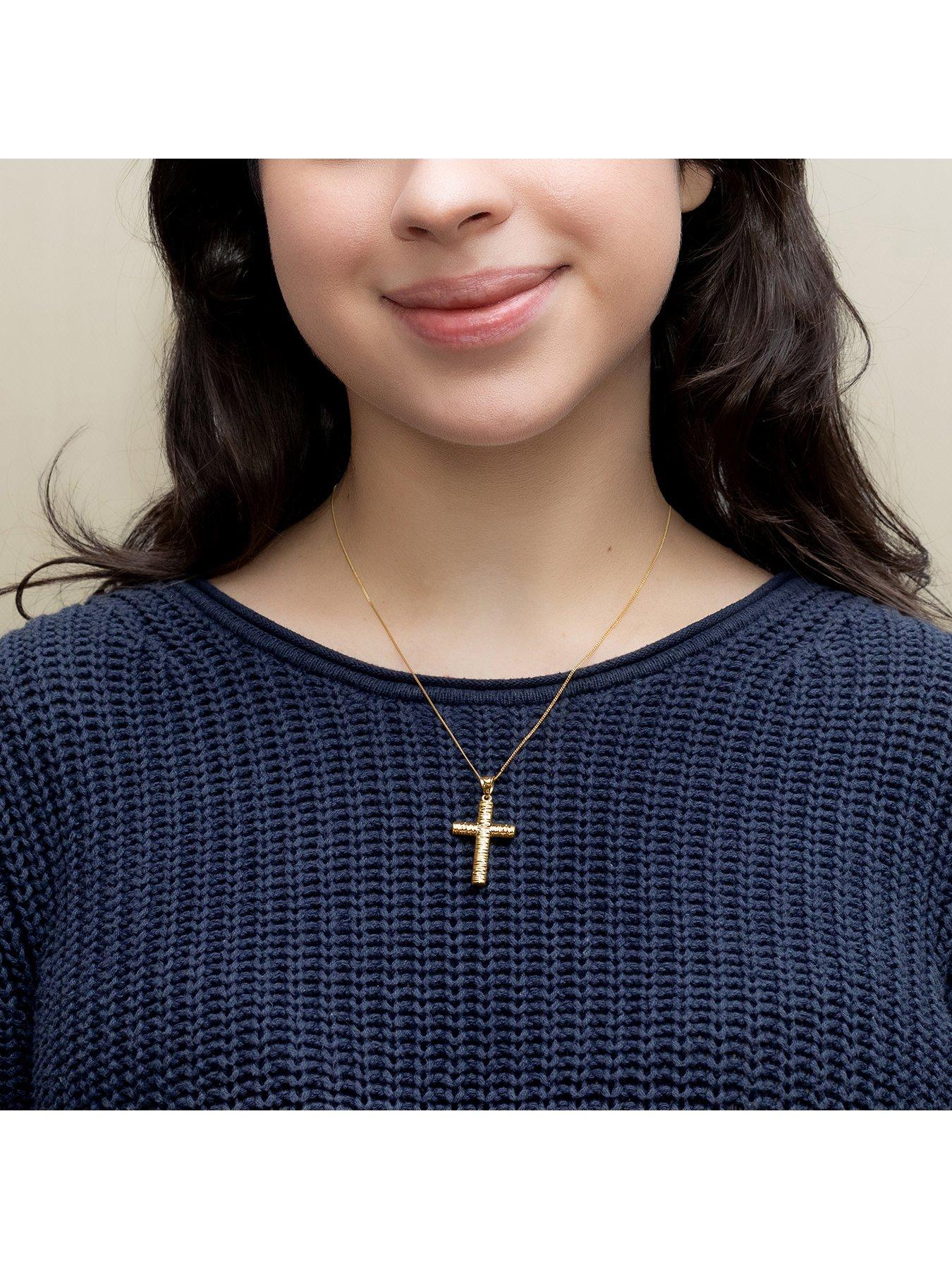 Image 3 of 3 of The Love Collection 9ct Yellow Gold 2mm x 3mm Bark Cross Pendant/18'