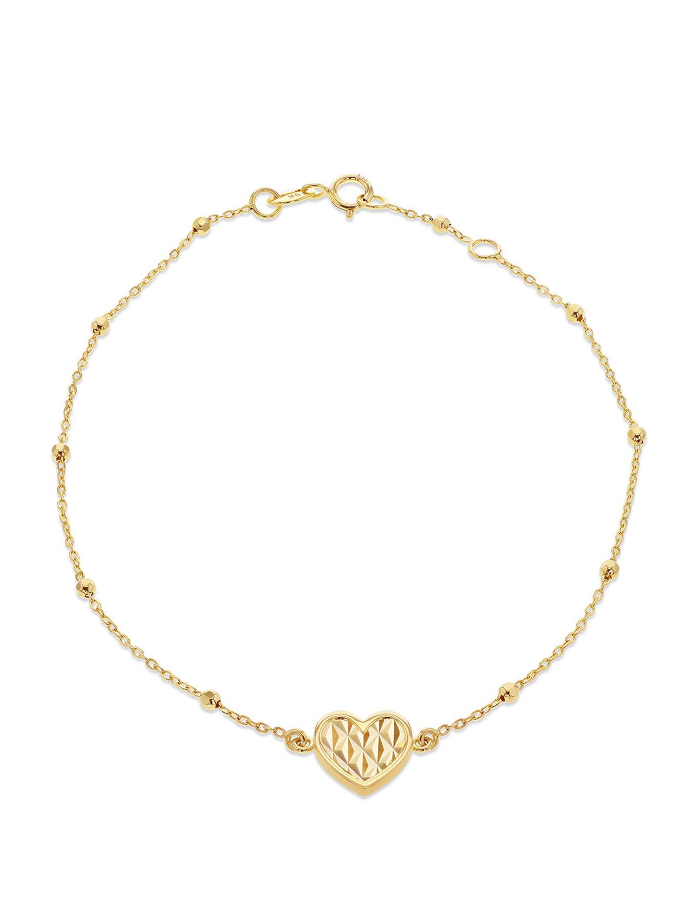 The Love Collection 9ct Yellow Gold Shimmer Heart Adjustable Trace and Ball Bracelet 18cm/7'-19cm/7.5'